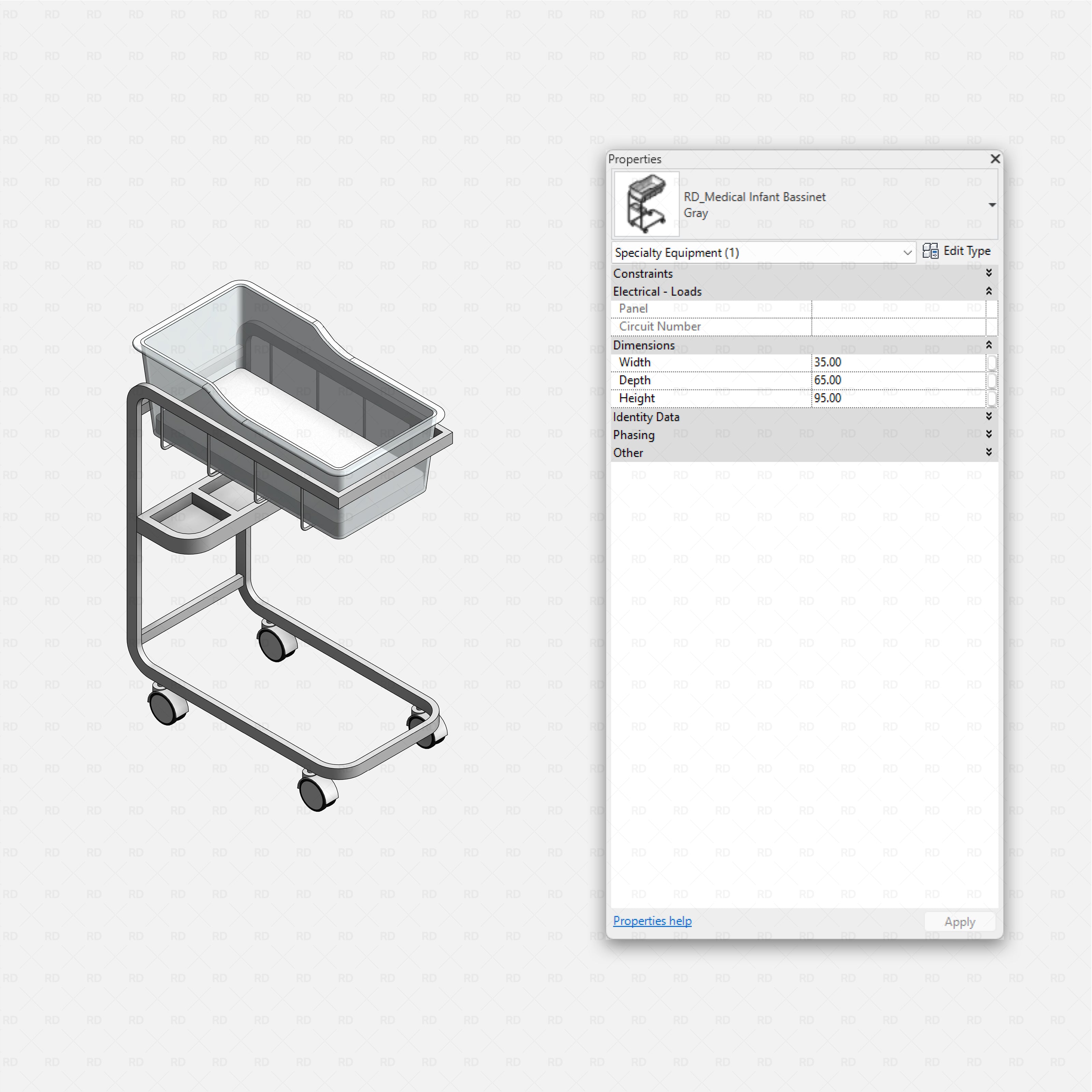 Revit Hospital Neonatal and Pediatric Equipment RD Studio BIM blocks rfa medical infant bassinet family on wheeled stand