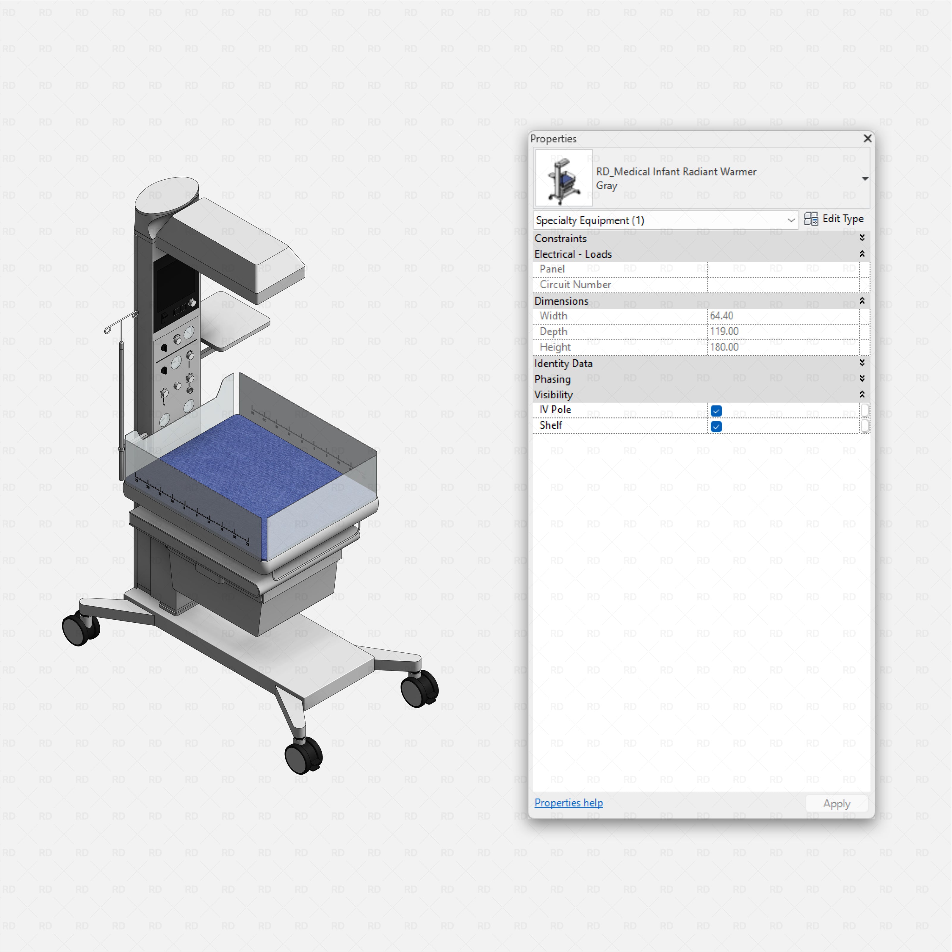 Revit Hospital Neonatal and Pediatric Equipment RD Studio BIM blocks rfa medical infant radiant warmer family with IV pole