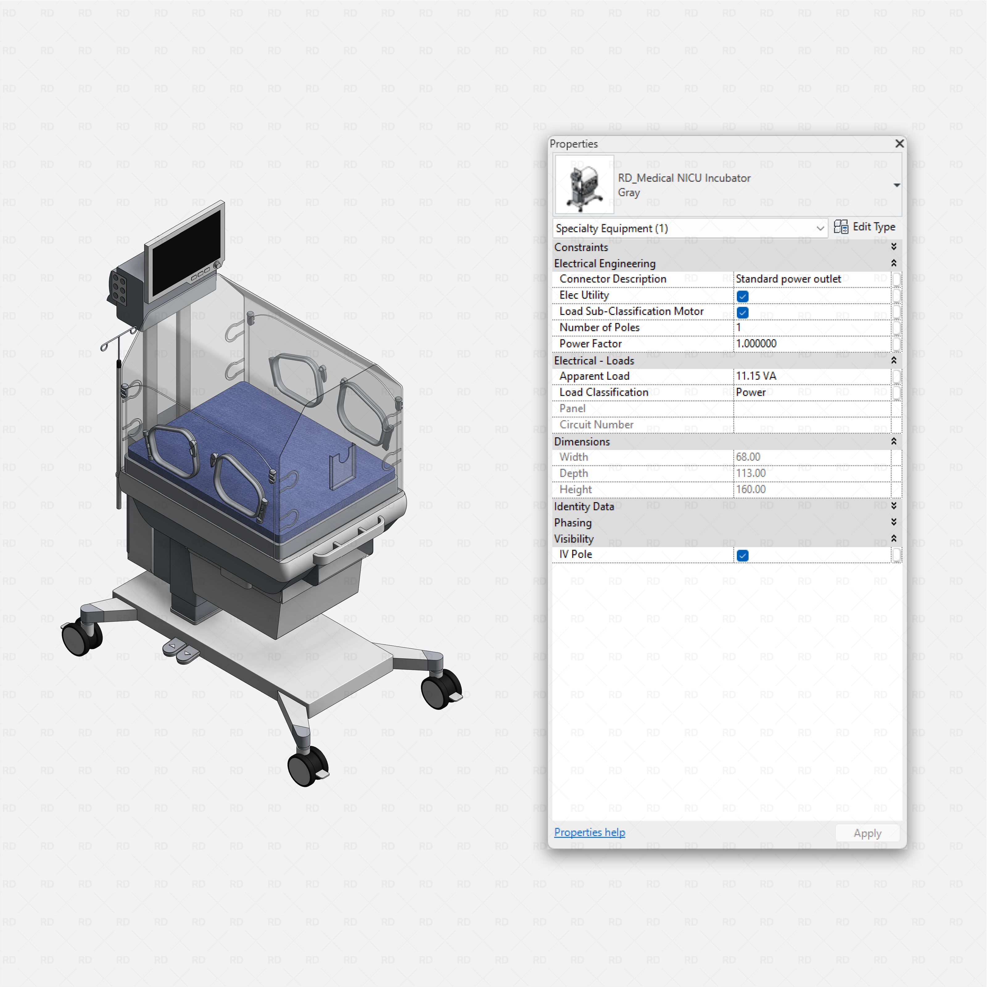 Revit Hospital Neonatal and Pediatric Equipment RD Studio BIM blocks rfa NICU incubator family with monitor on wheels