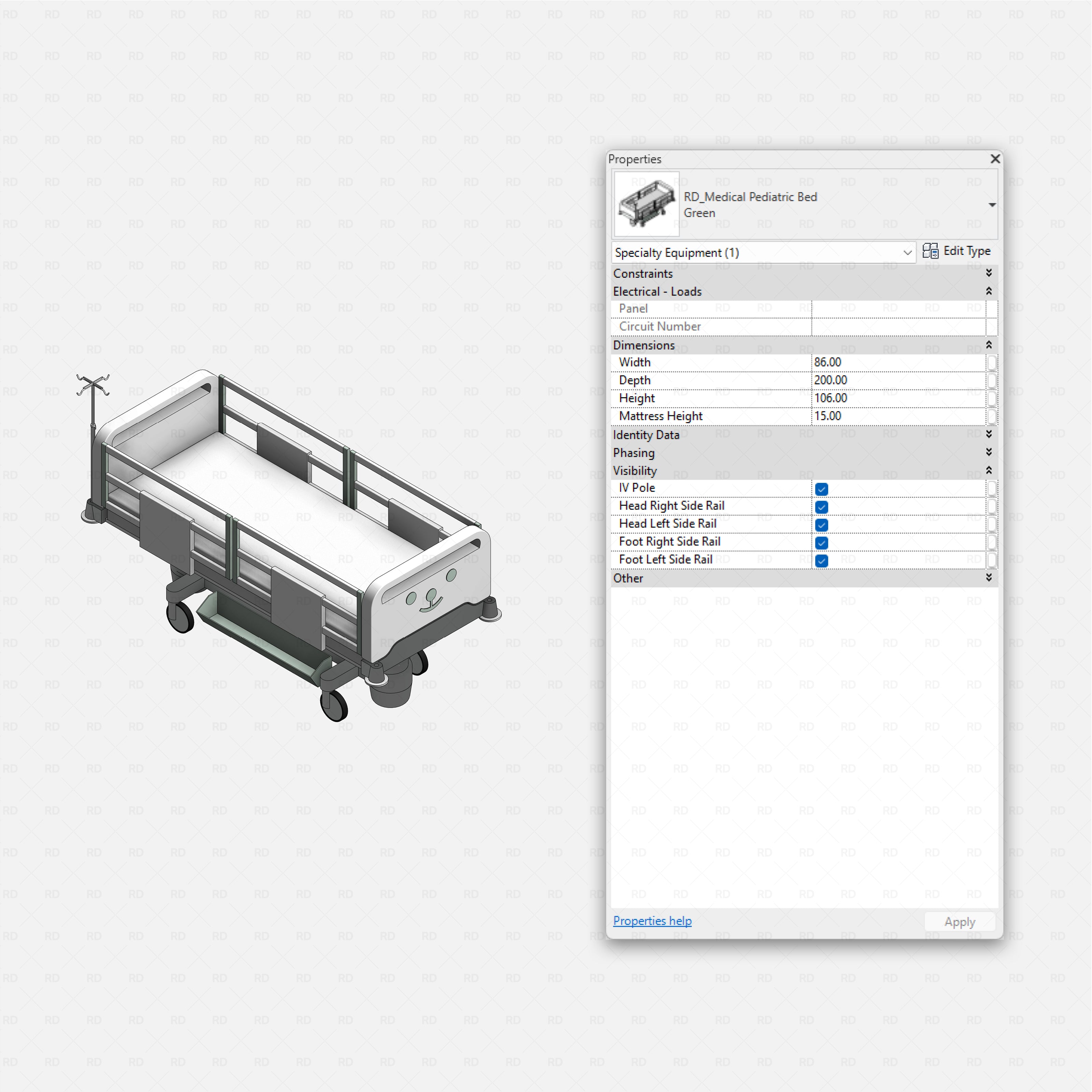 Revit Hospital Neonatal and Pediatric Equipment RD Studio BIM blocks rfa pediatric hospital bed family with IV pole