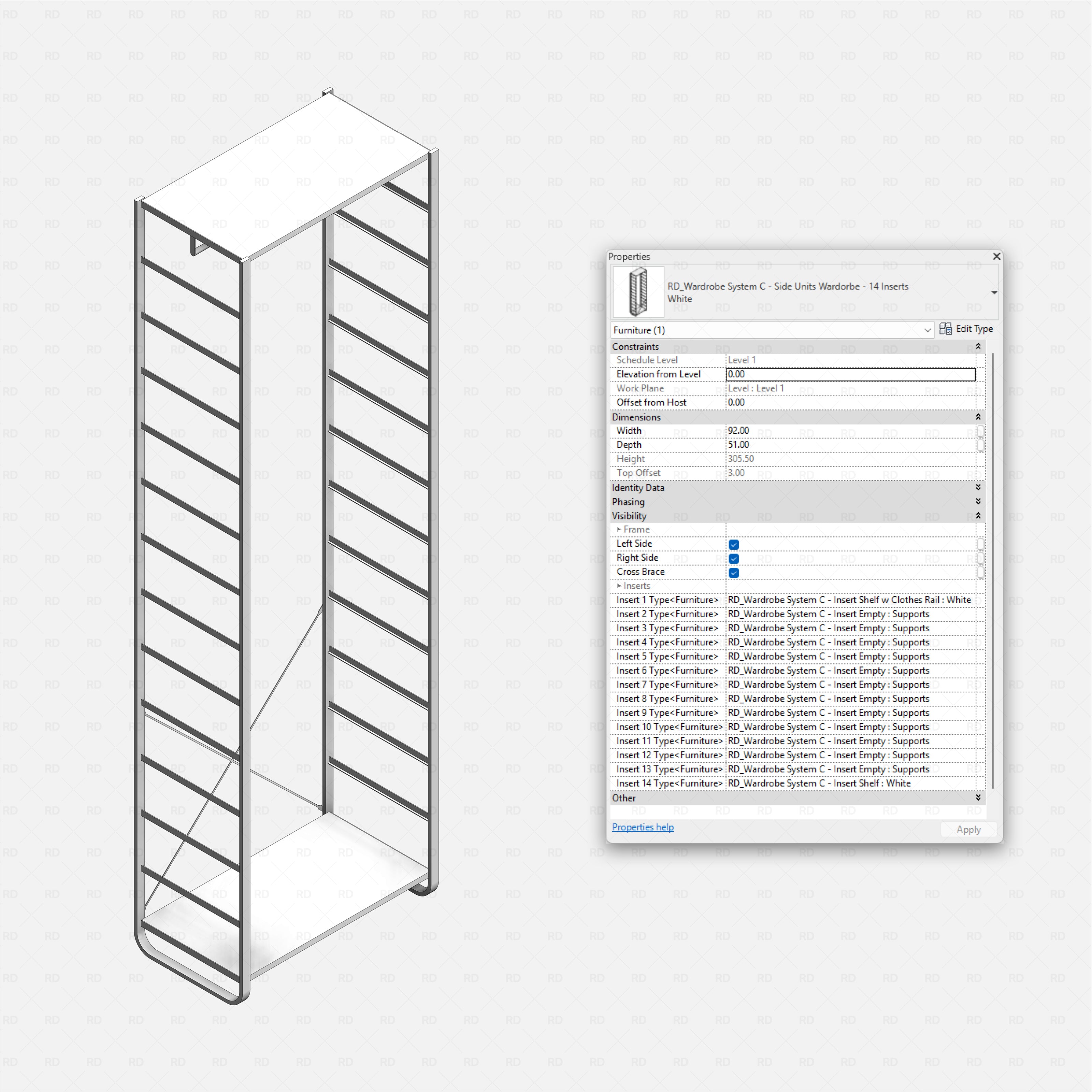 Revit Open Wardrobe System 03 (Side Unit) RD Studio BIM blocks rfa, side unit frame configured with 14 inserts