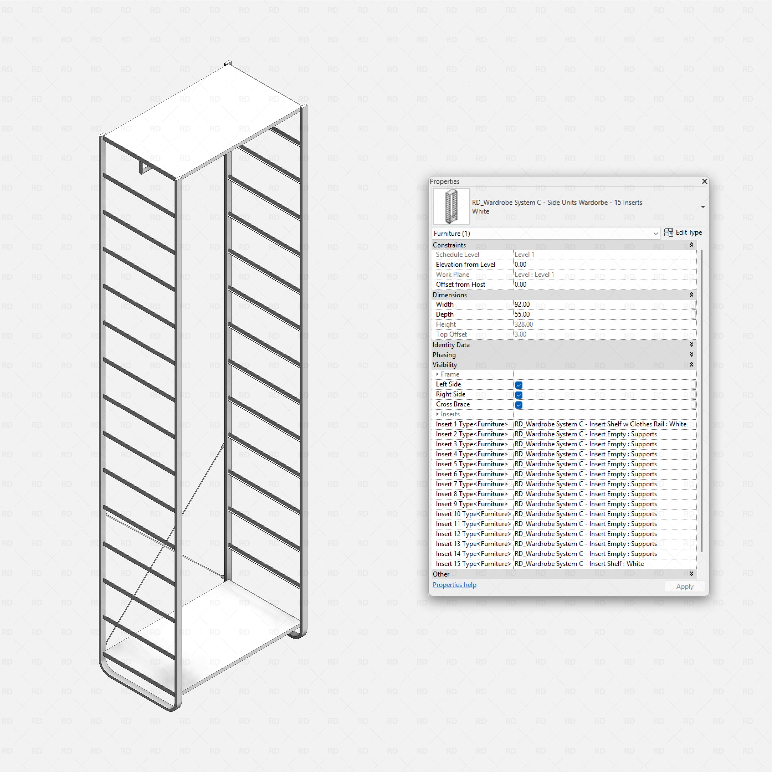 Revit Open Wardrobe System 03 (Side Unit) RD Studio BIM blocks rfa, side unit frame configured with 15 inserts