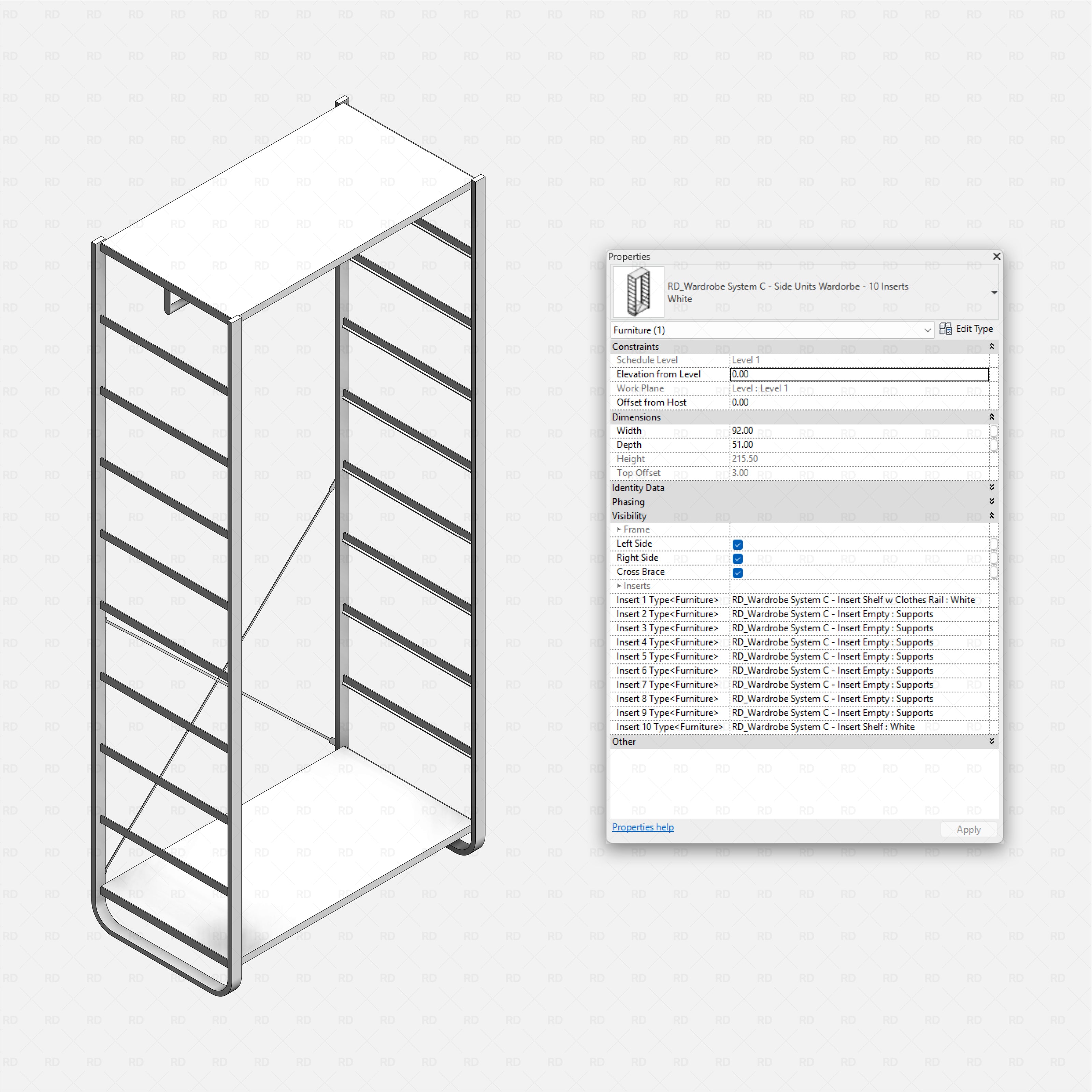 Revit Open Wardrobe System 03 (Side Unit) RD Studio BIM blocks rfa, side unit frame configured with 10 inserts