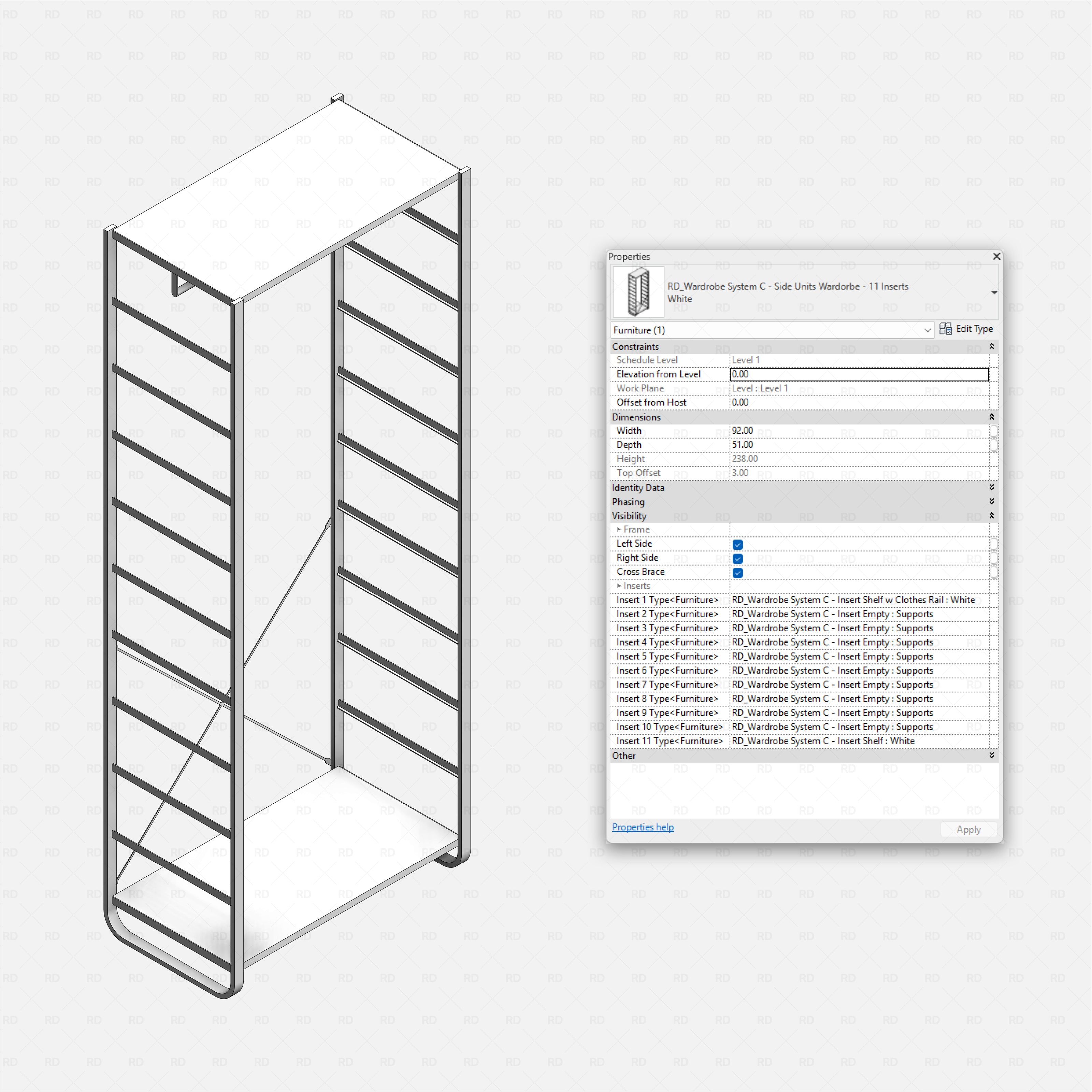 Revit Open Wardrobe System 03 (Side Unit) RD Studio BIM blocks rfa, side unit frame configured with 11 inserts