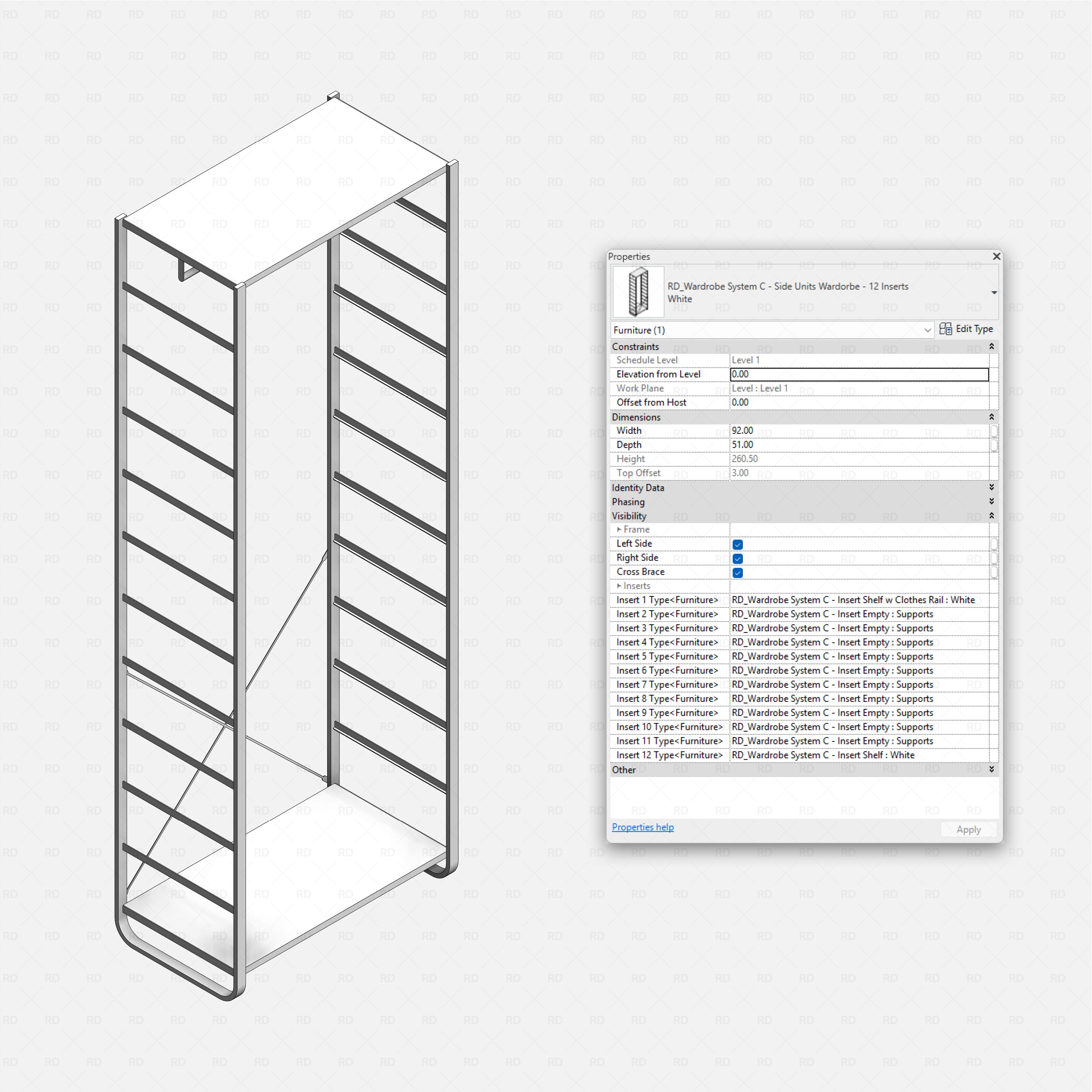 Revit Open Wardrobe System 03 (Side Unit) RD Studio BIM blocks rfa, side unit frame configured with 12 inserts