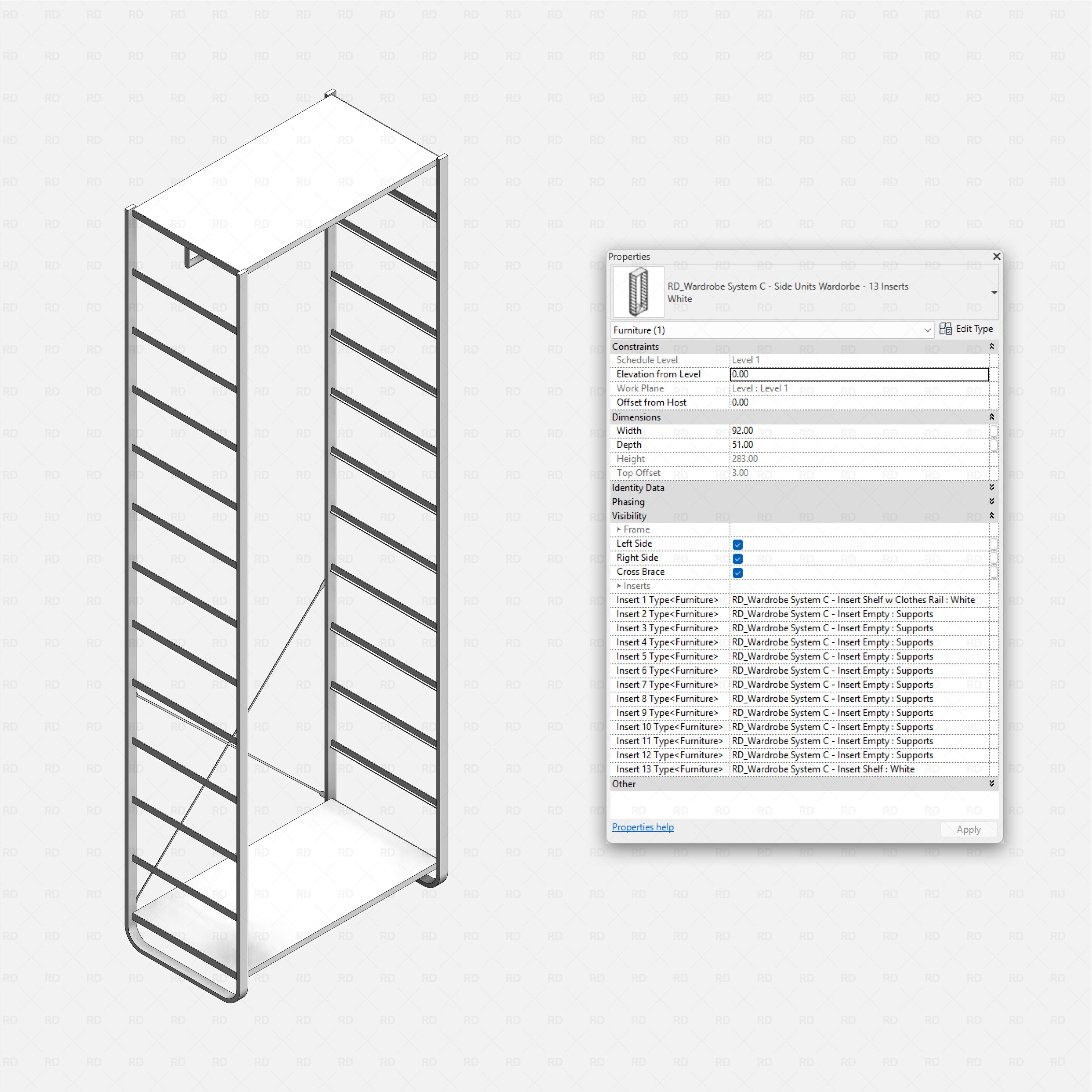 Revit Open Wardrobe System 03 (Side Unit) RD Studio BIM blocks rfa, side unit frame configured with 13 inserts
