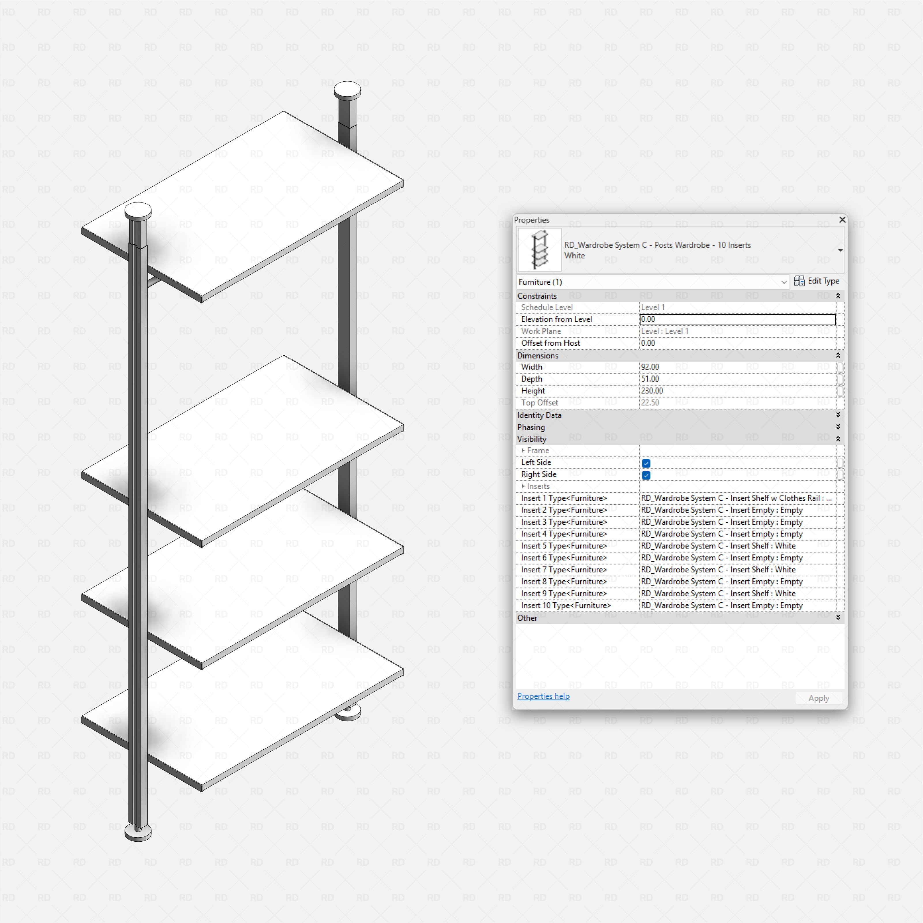 Revit Open Wardrobe System 03 (Posts Structure) RD Studio BIM blocks rfa, posts frame with 10 insert slots, parameters