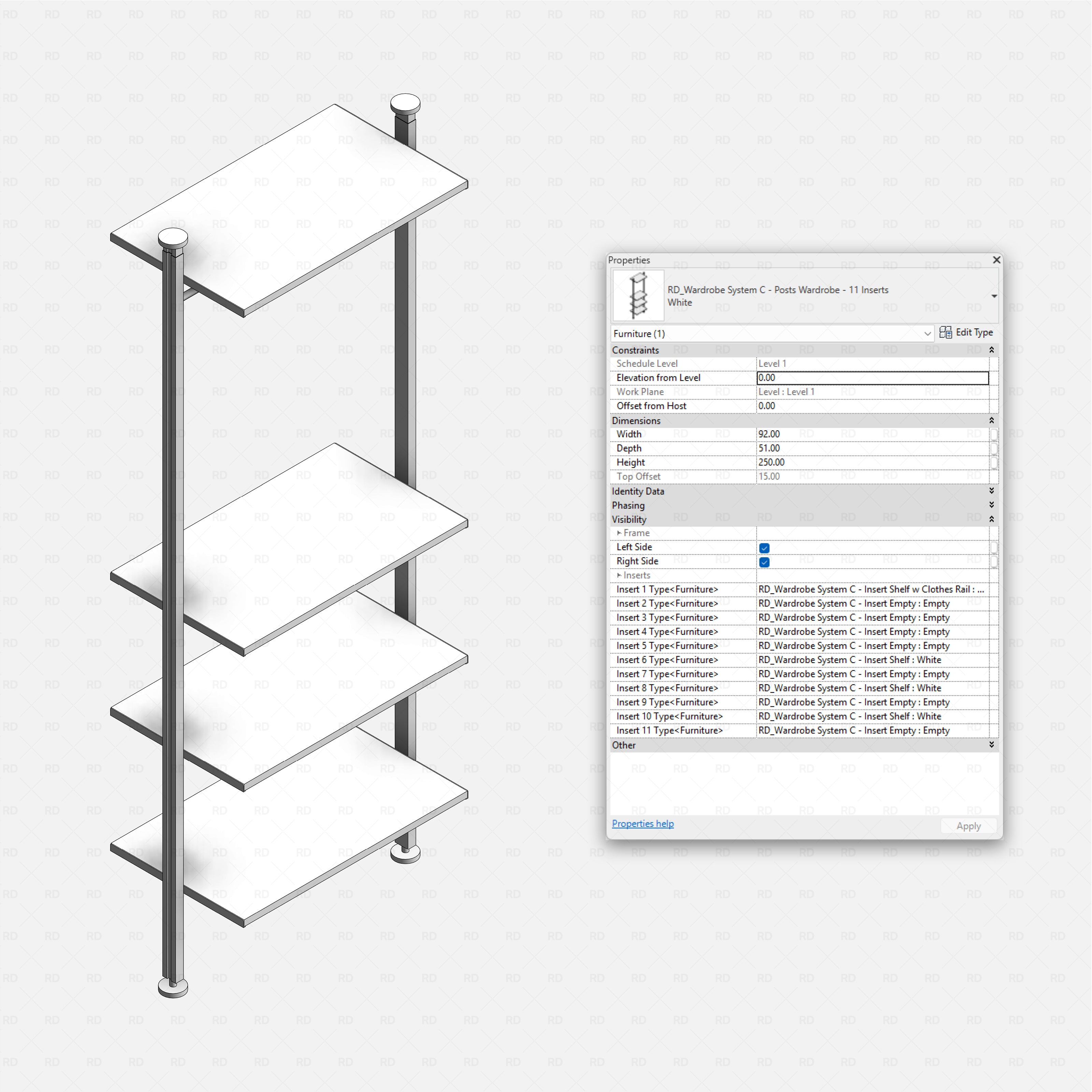 Revit Open Wardrobe System 03 (Posts Structure) RD Studio BIM blocks rfa, posts frame with 11 insert slots, height set