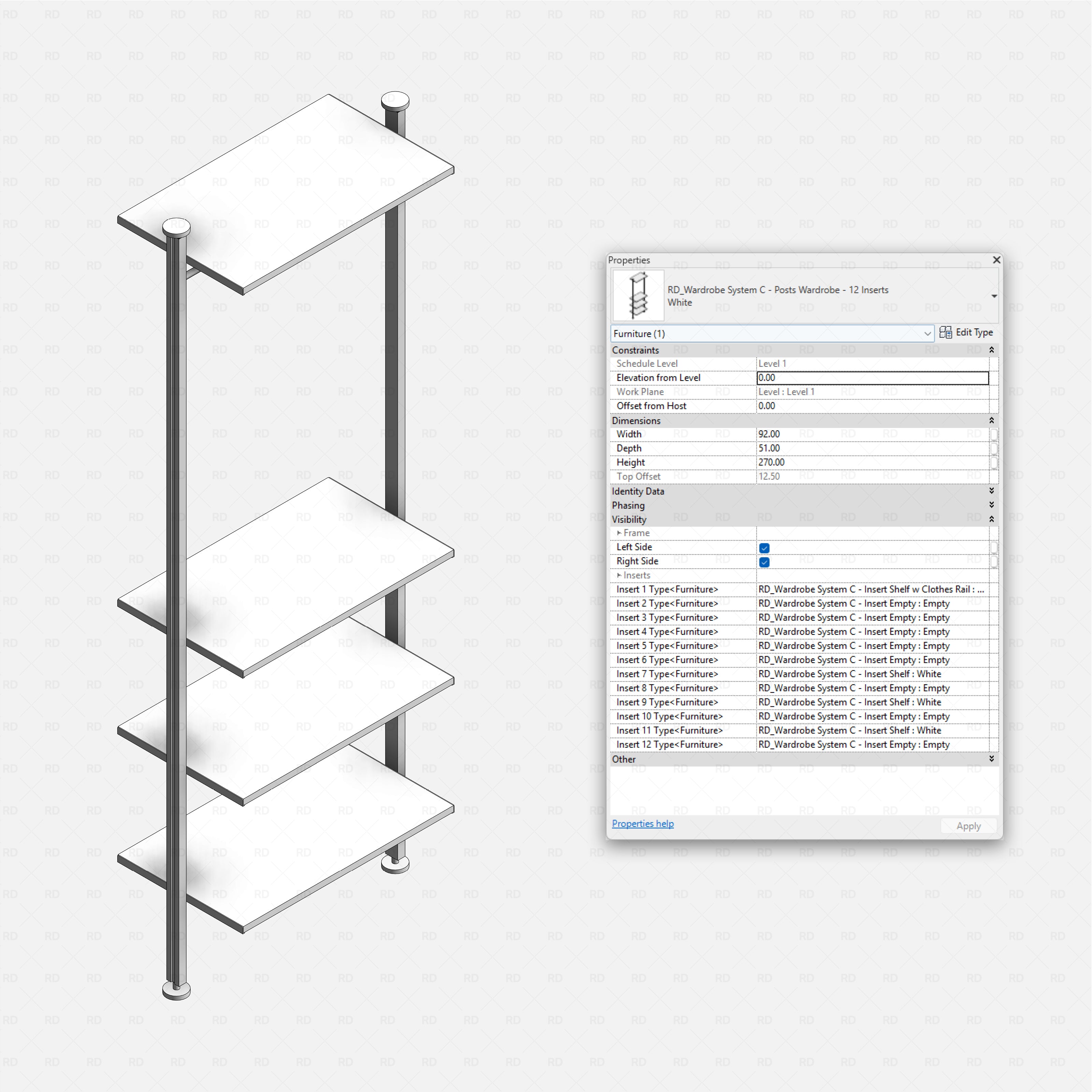 Revit Open Wardrobe System 03 (Posts Structure) RD Studio BIM blocks rfa, posts frame with 12 insert slots, top offset
