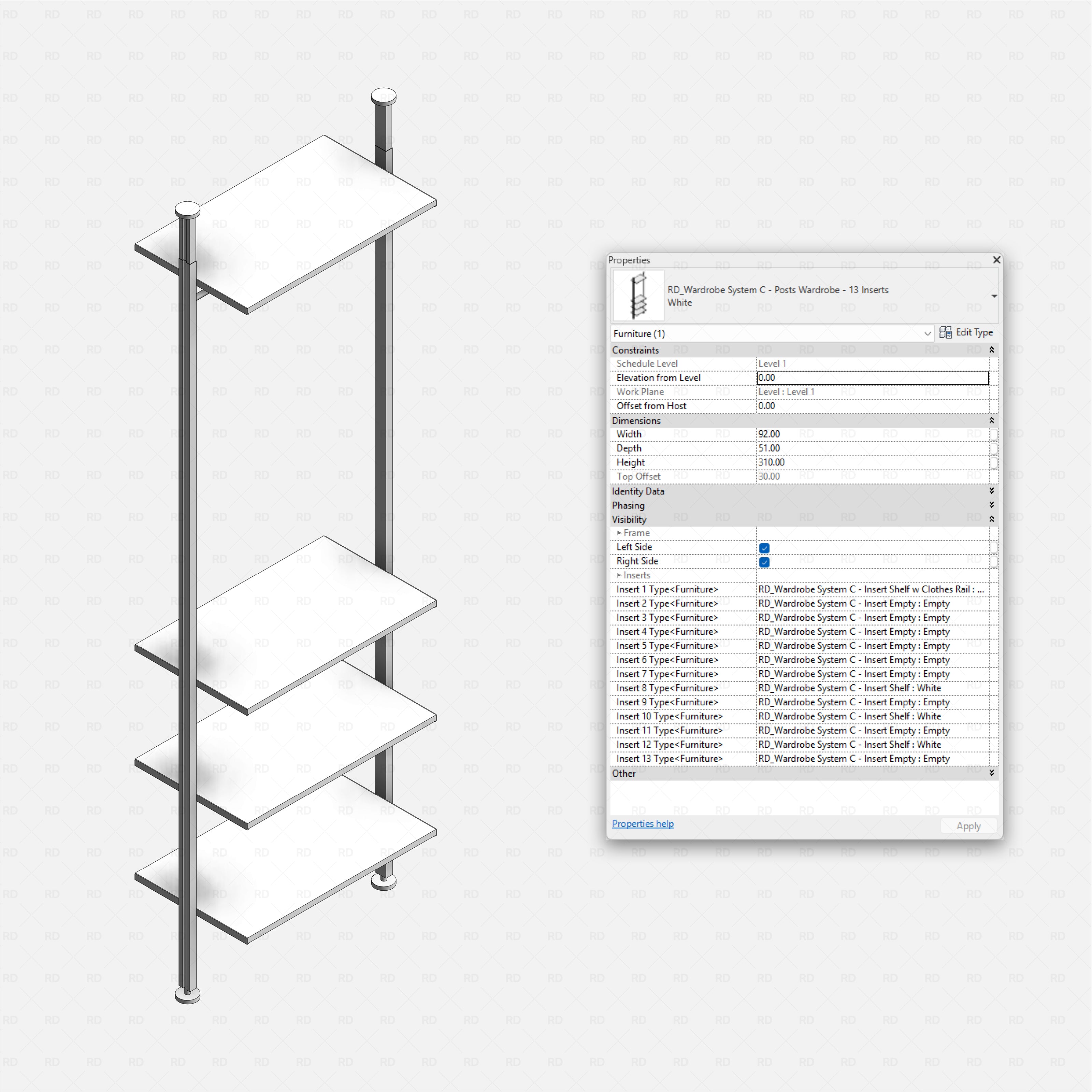 Revit Open Wardrobe System 03 (Posts Structure) RD Studio BIM blocks rfa, posts frame with 13 insert slots, tall unit