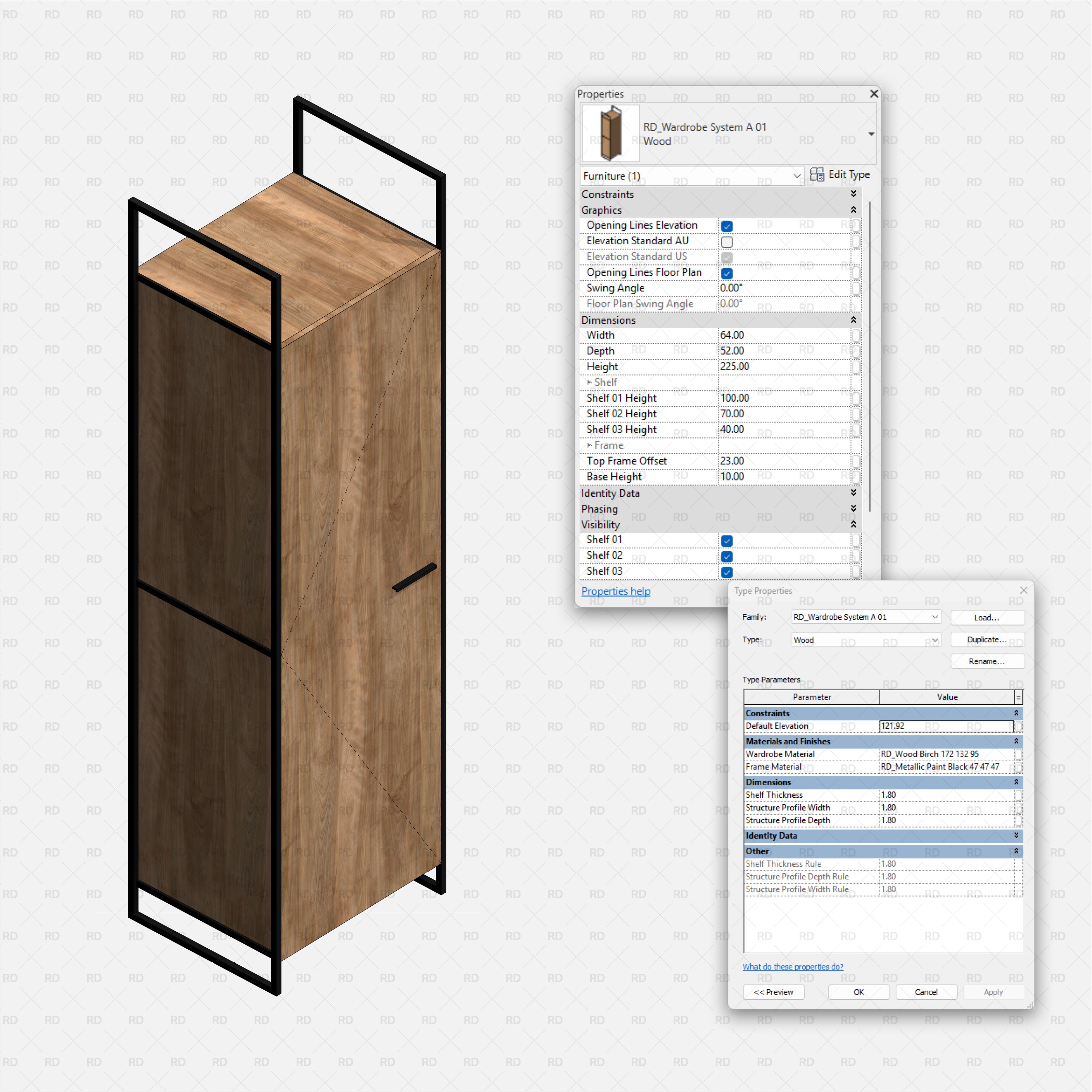 Revit Open Wardrobe System 01 RD Studio BIM Blocks Rfa — Closed Cabinet Module With Black Metal Frame