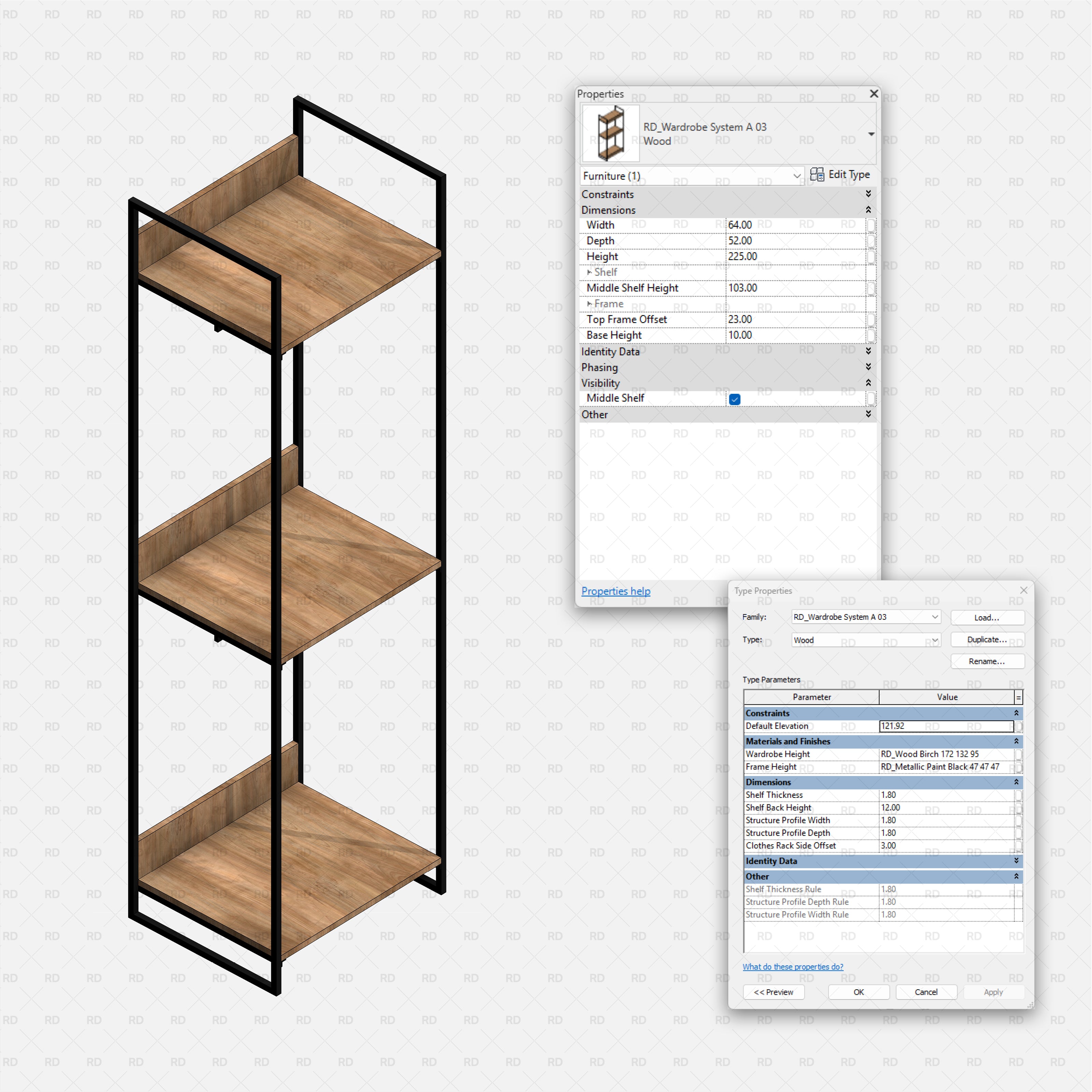 Revit Open Wardrobe System 01 RD Studio BIM Blocks Rfa — Three-Shelf Module With Open Back