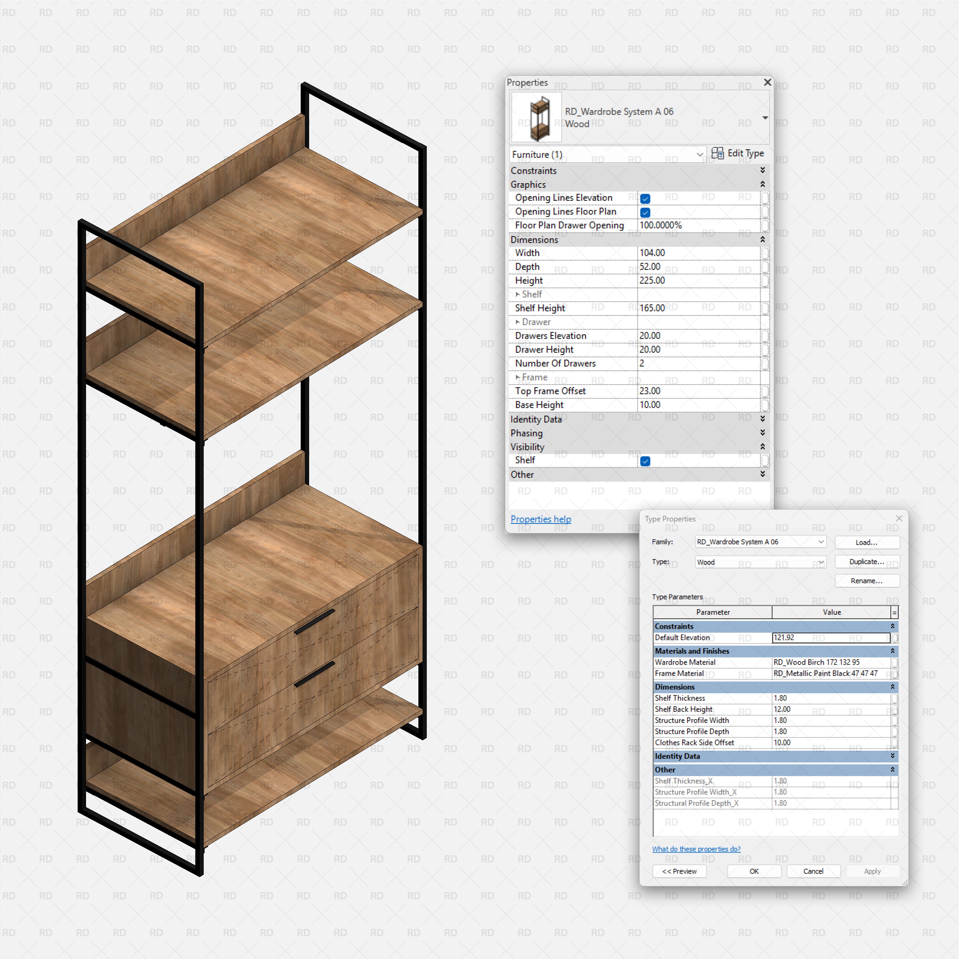 Revit Open Wardrobe System 01 RD Studio BIM Blocks Rfa — Shelves With Low Double-Drawer Cabinet