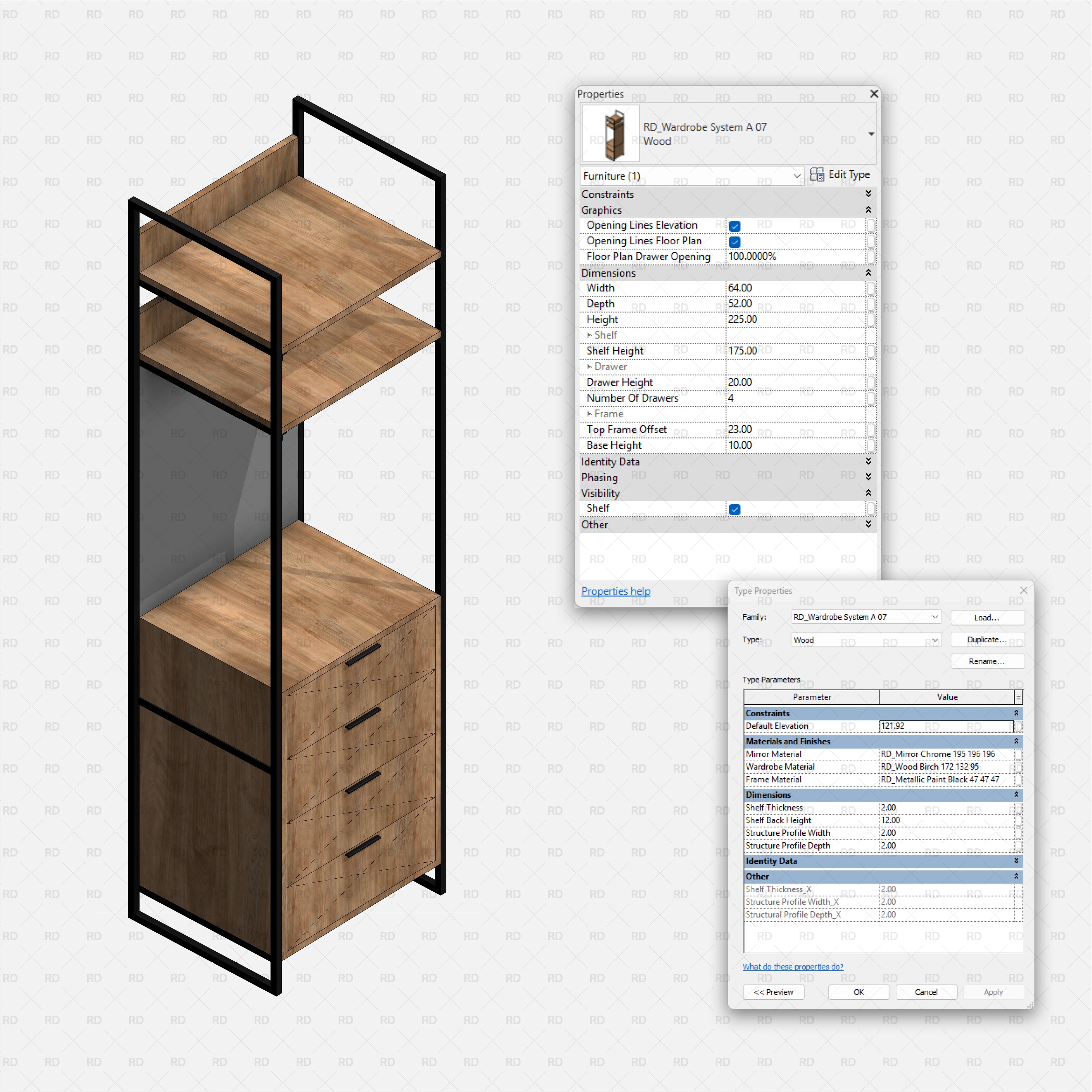 Revit Open Wardrobe System 01 RD Studio BIM Blocks Rfa — Shelves With Tall Drawer Unit And Mirror Panel