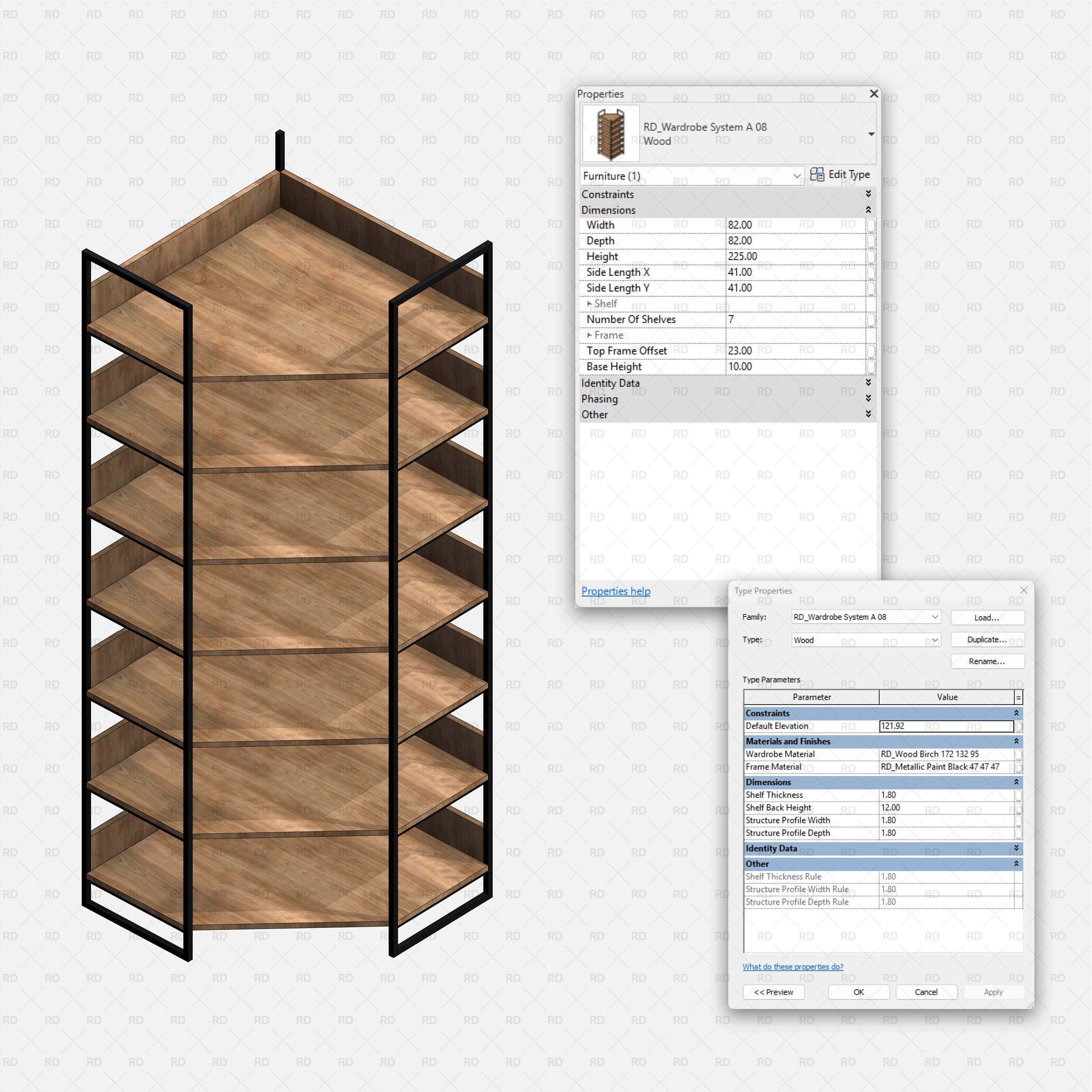 Revit Open Wardrobe System 01 RD Studio BIM Blocks Rfa — Angled Corner Display Unit With Multiple Shelves