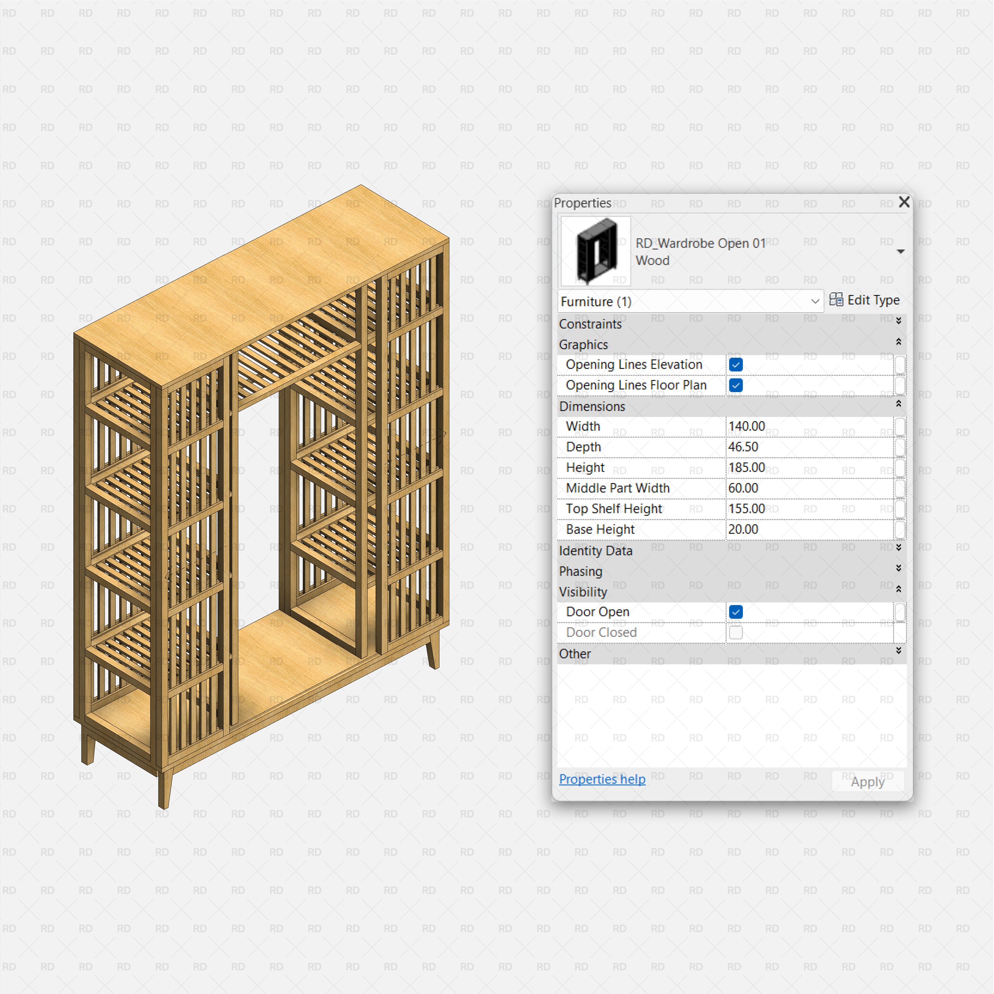 Revit Open Wardrobe RD Studio BIM Blocks RFA – Double-Sided Slatted Wardrobe With Central Passage