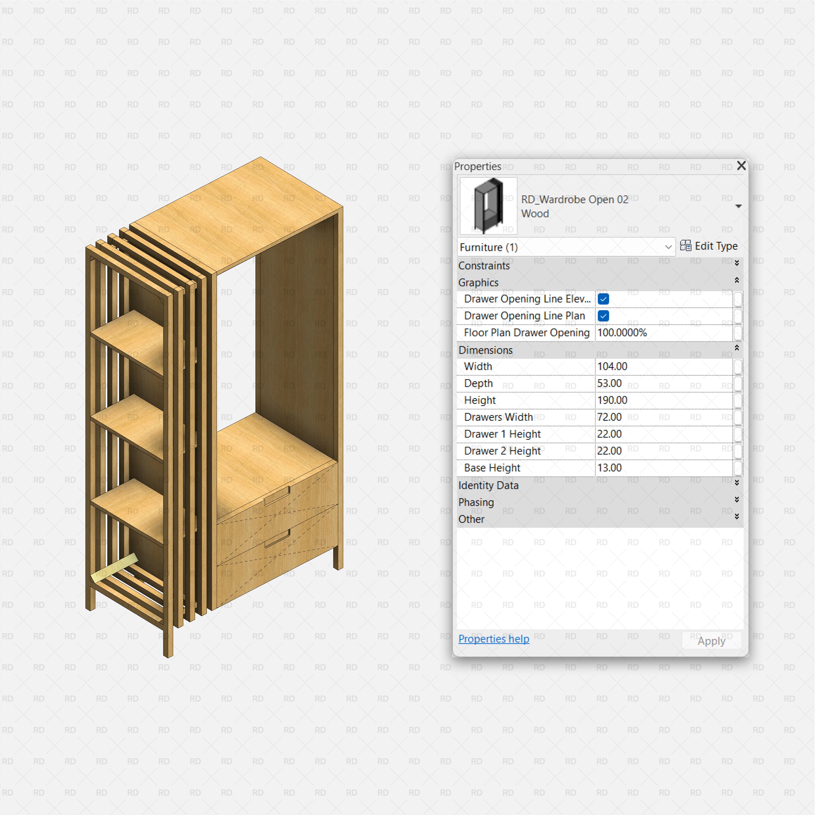 Revit Open Wardrobe RD Studio BIM Blocks RFA – Open Wardrobe With Side Fins, Shelves And Two-Drawer Base