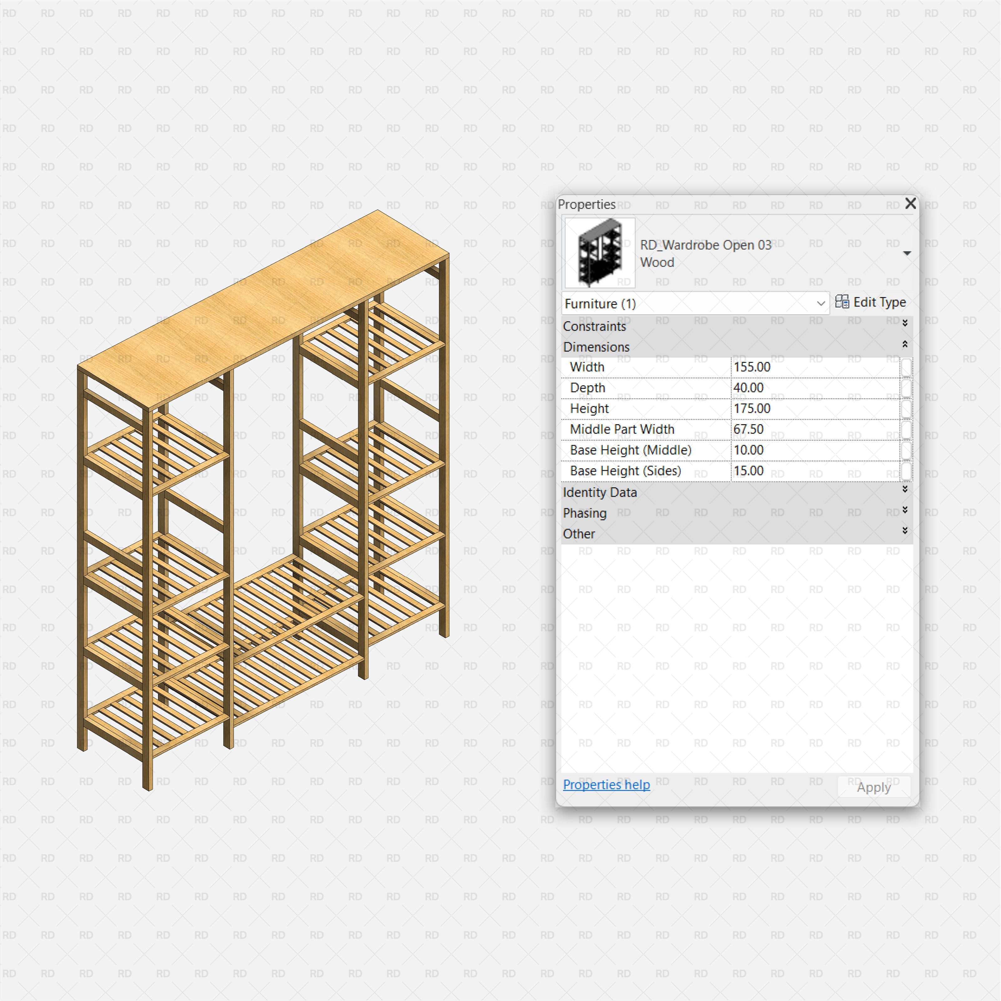 Revit Open Wardrobe RD Studio BIM Blocks RFA – Wide Slatted Wardrobe With Symmetrical Bays And Center Opening