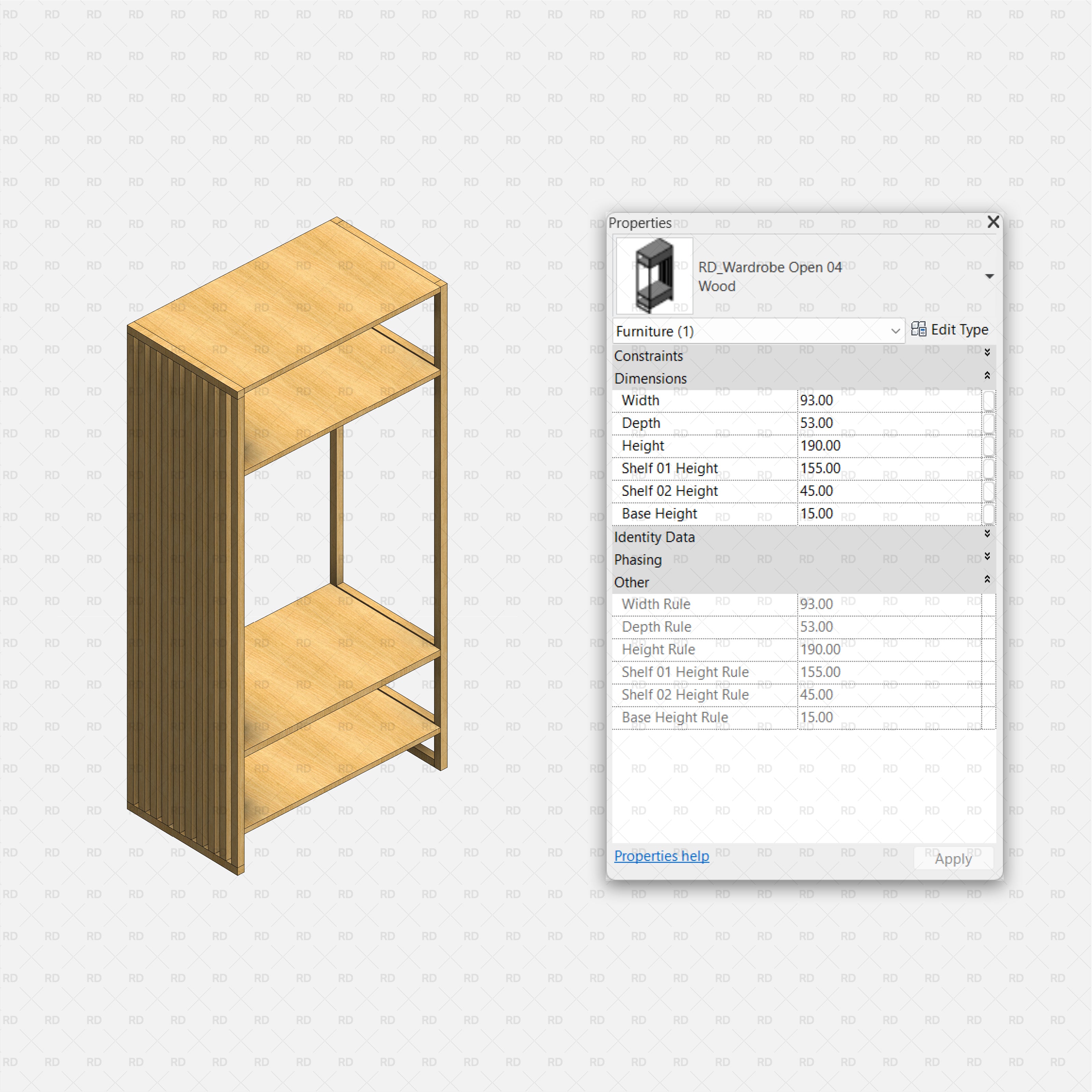 Revit Open Wardrobe RD Studio BIM Blocks RFA – Minimal Frame Wardrobe With Two Adjustable Shelves
