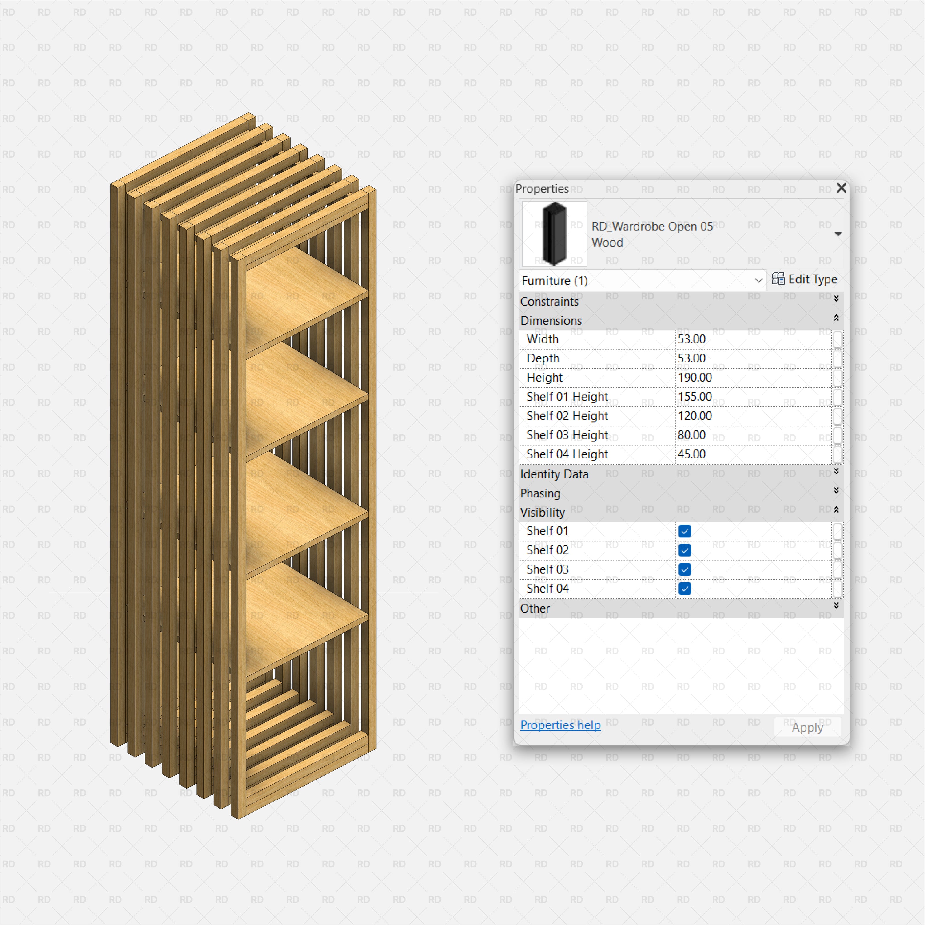 Revit Open Wardrobe RD Studio BIM Blocks RFA – Tall Narrow Wardrobe With Vertical Slats And Four Shelves