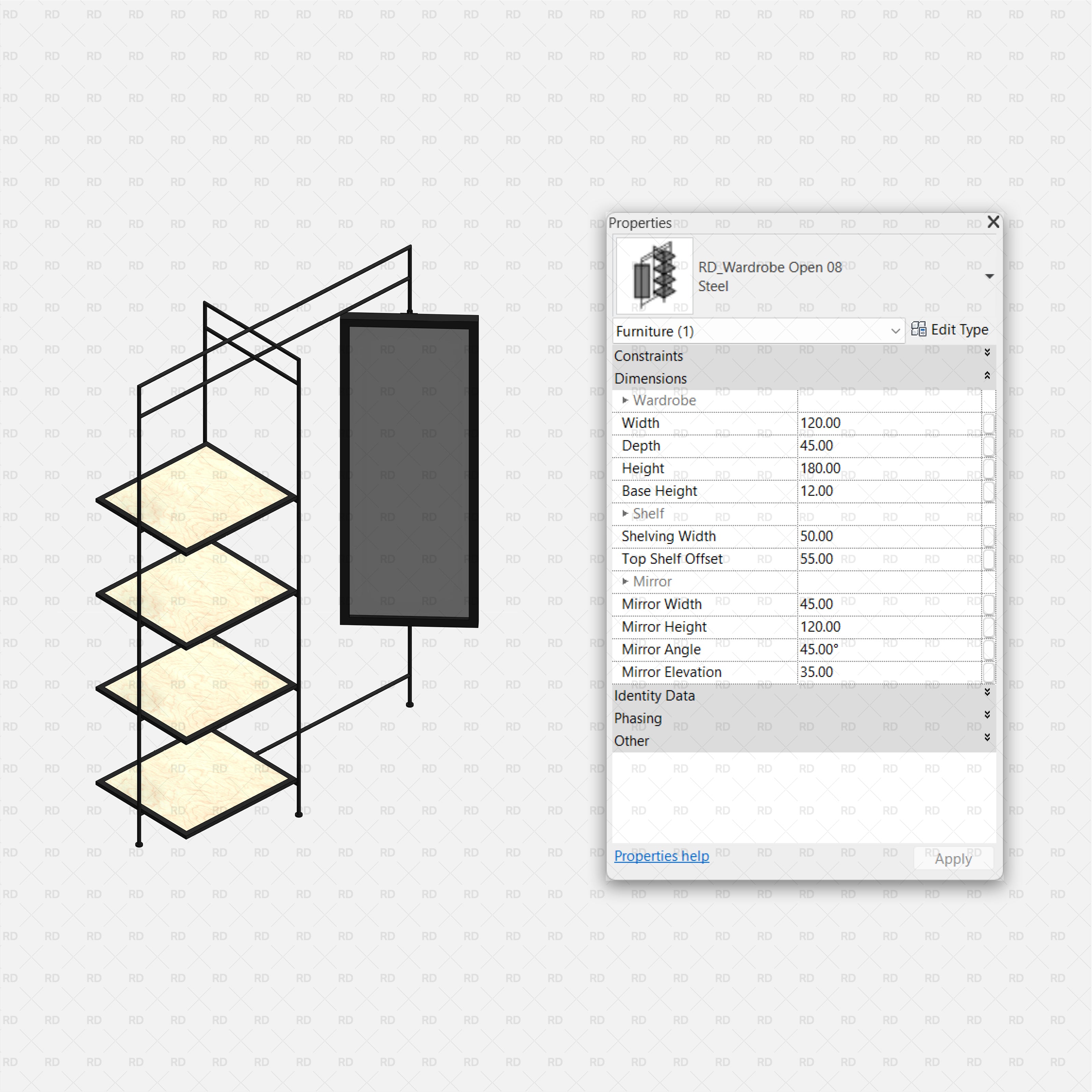Revit Open Wardrobe RD Studio BIM Blocks RFA – Steel Frame Wardrobe With Open Shelving And Full-Height Side Mirror