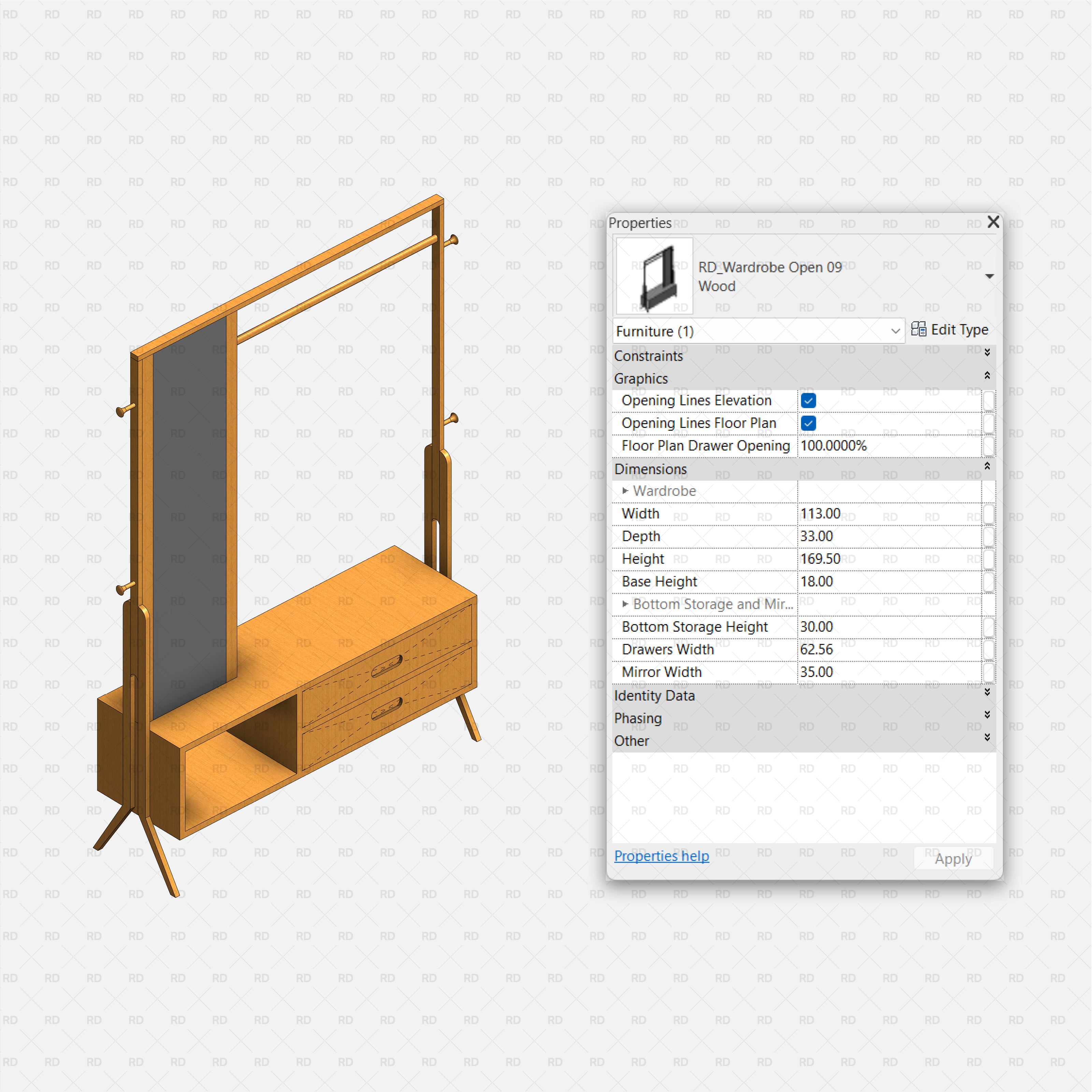 Revit Open Wardrobe RD Studio BIM Blocks RFA – Steel Frame Wardrobe With Open Shelving And Full-Height Side Mirror