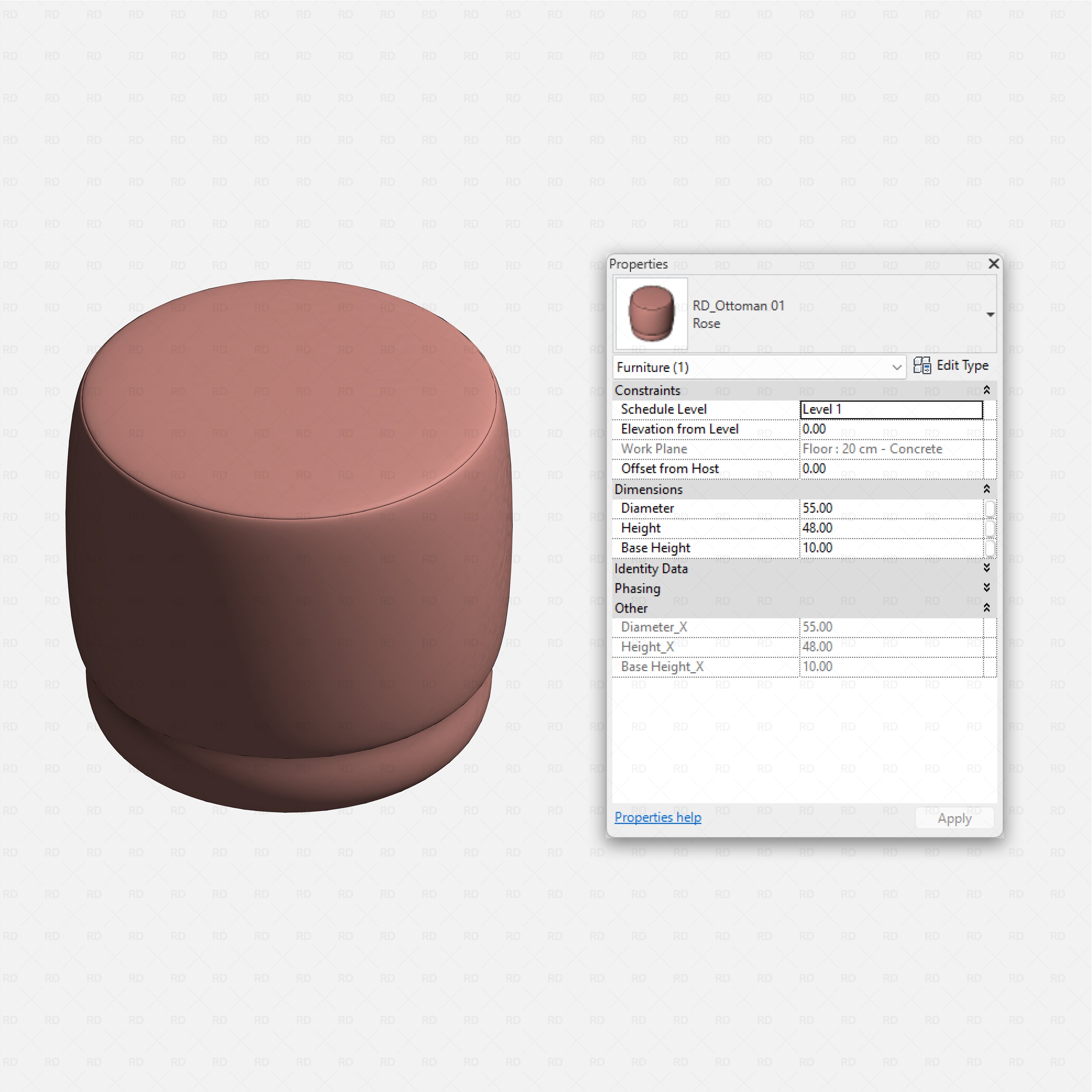 Revit Ottoman 01 RD Studio BIM blocks rfa round rose pouf ottoman family with visible Revit type parameters