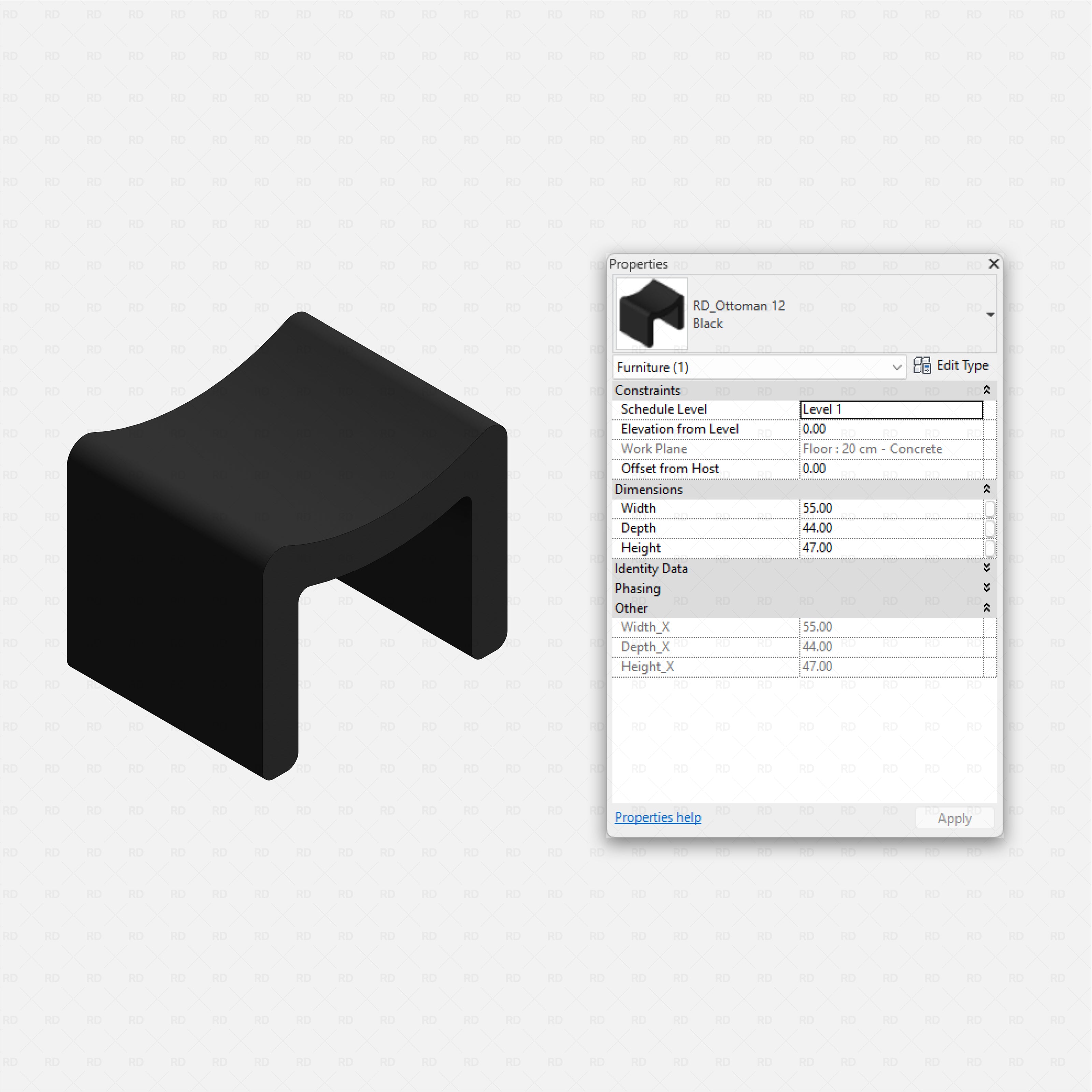 Revit Ottoman 01 RD Studio BIM blocks rfa black saddle shaped ottoman with curved seat and solid sides