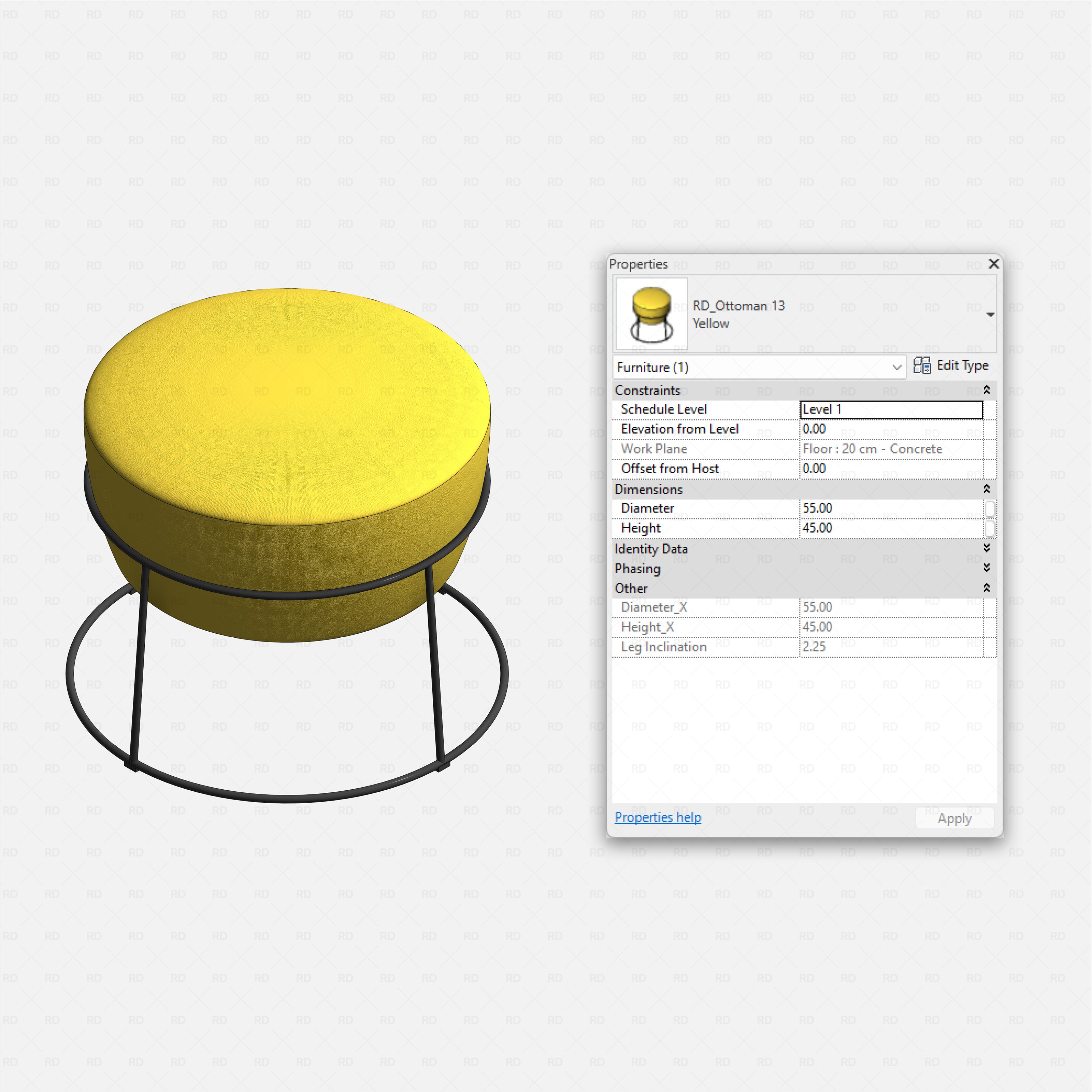 Revit Ottoman 01 RD Studio BIM blocks rfa yellow round ottoman on slim black circular metal frame base