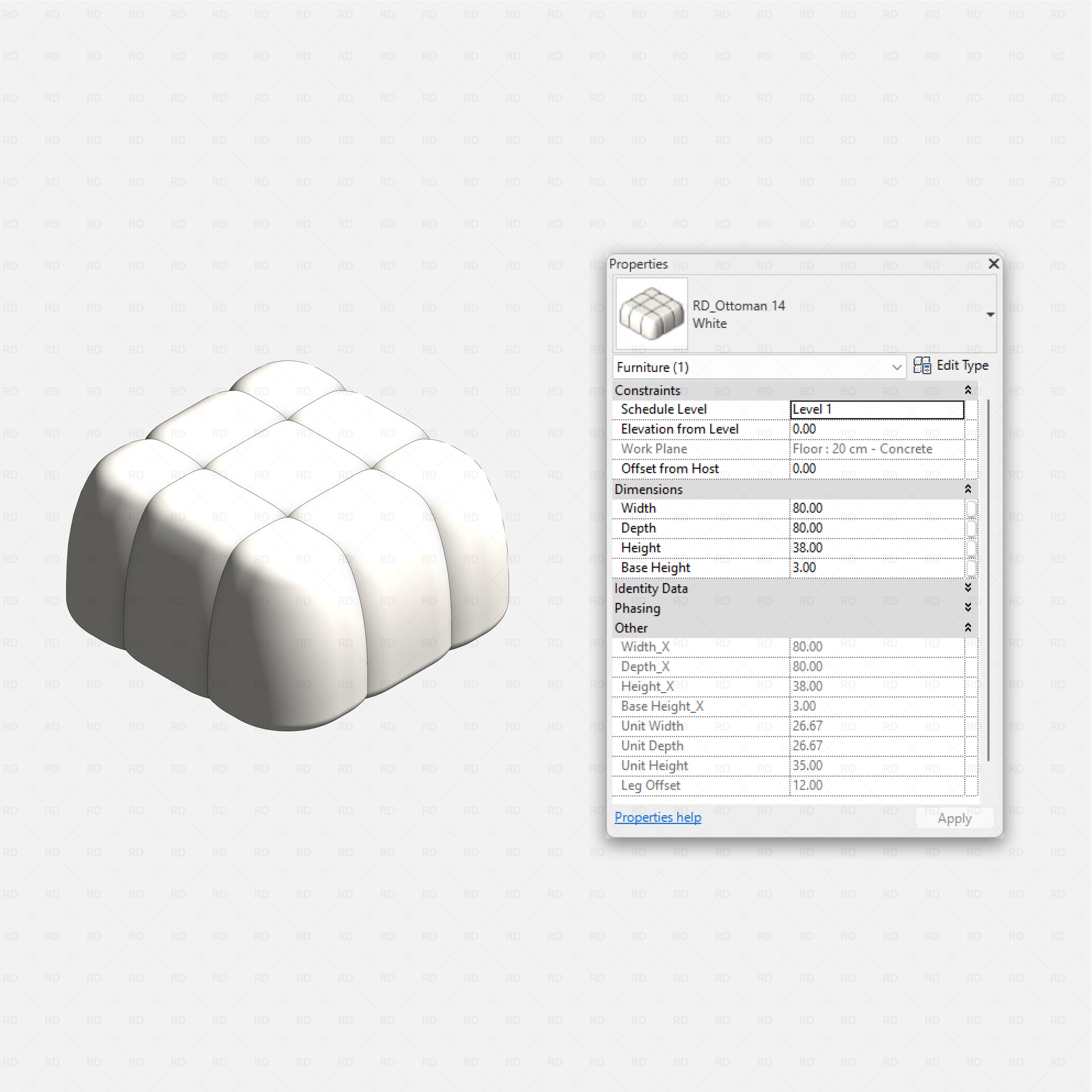 Revit Ottoman 01 RD Studio BIM blocks rfa white cube ottoman with tufted 3x3 padded grid upholstery