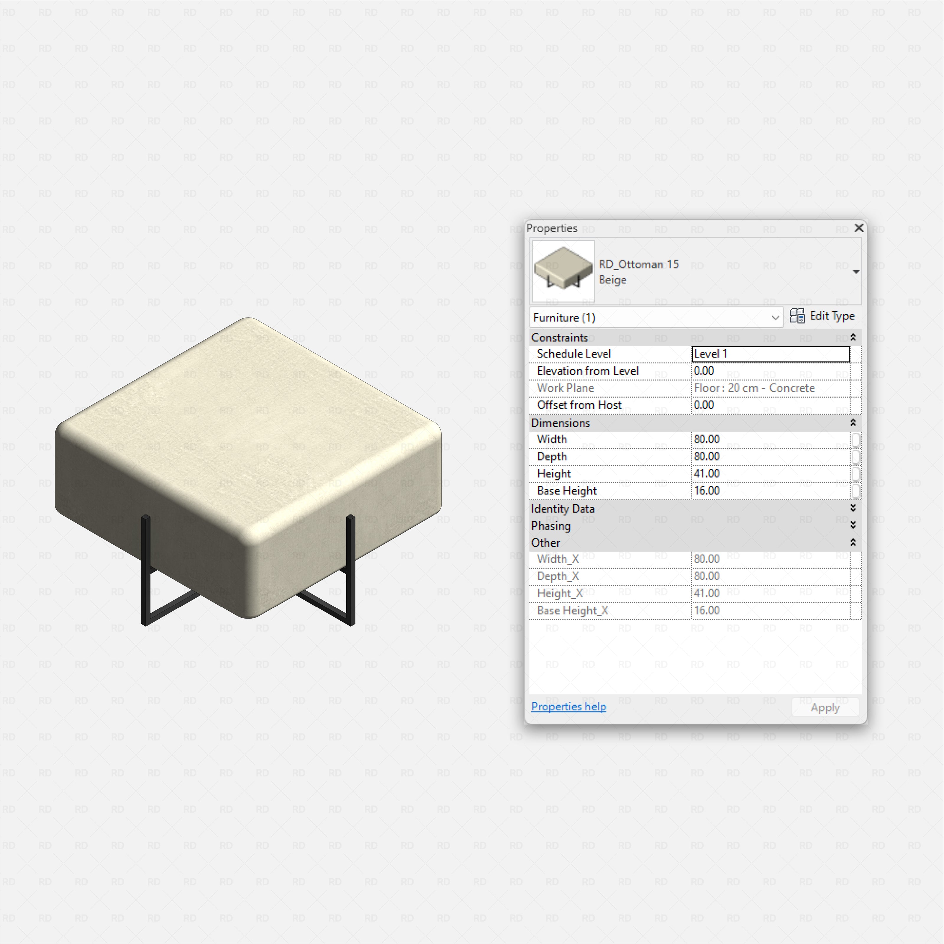 Revit Ottoman 01 RD Studio BIM blocks rfa beige square ottoman with thin black metal sled frame base