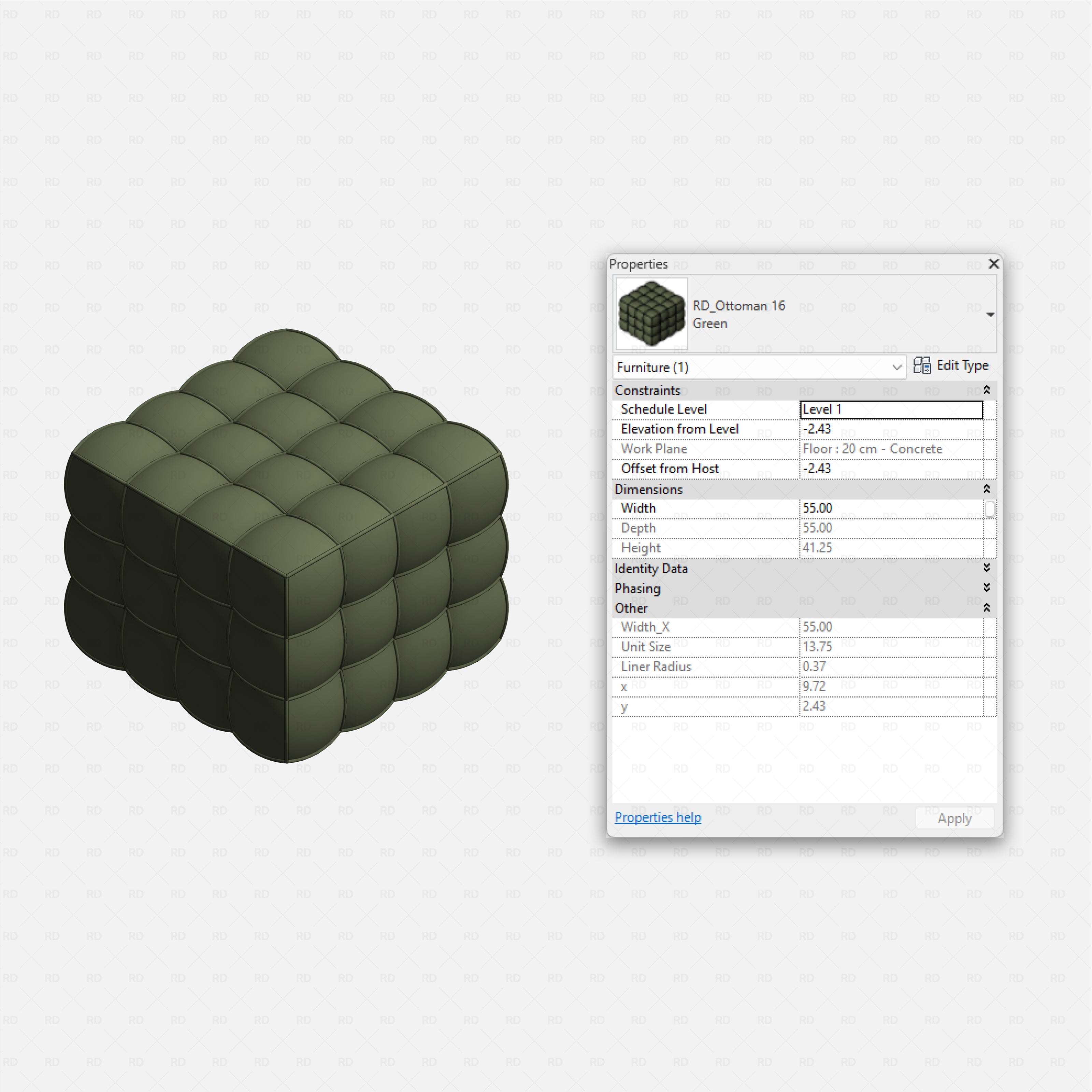 Revit Ottoman 01 RD Studio BIM blocks rfa green cube ottoman made of padded square modules 3D perspective view