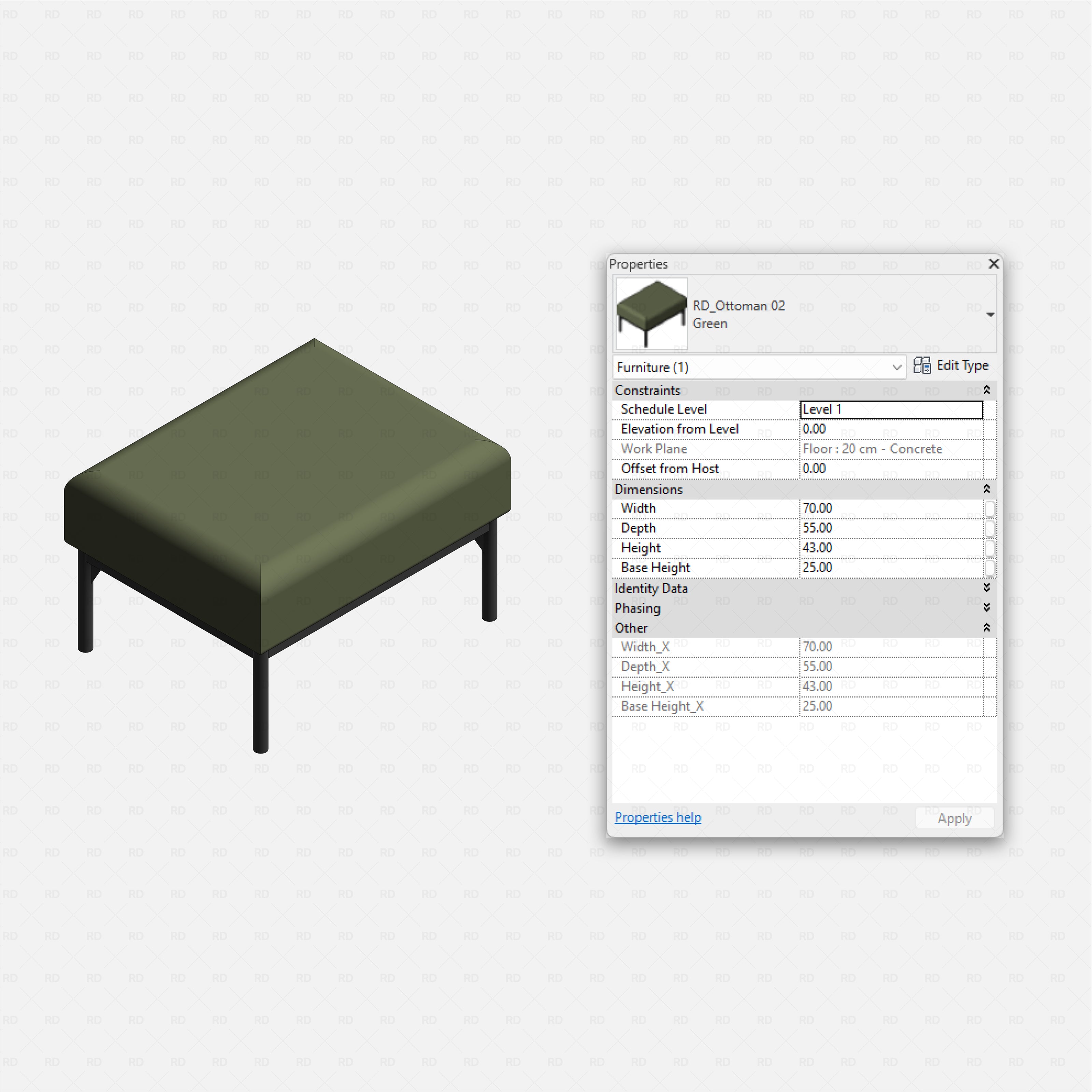 Revit Ottoman 01 RD Studio BIM blocks rfa rectangular green ottoman on slim legs with Revit family properties