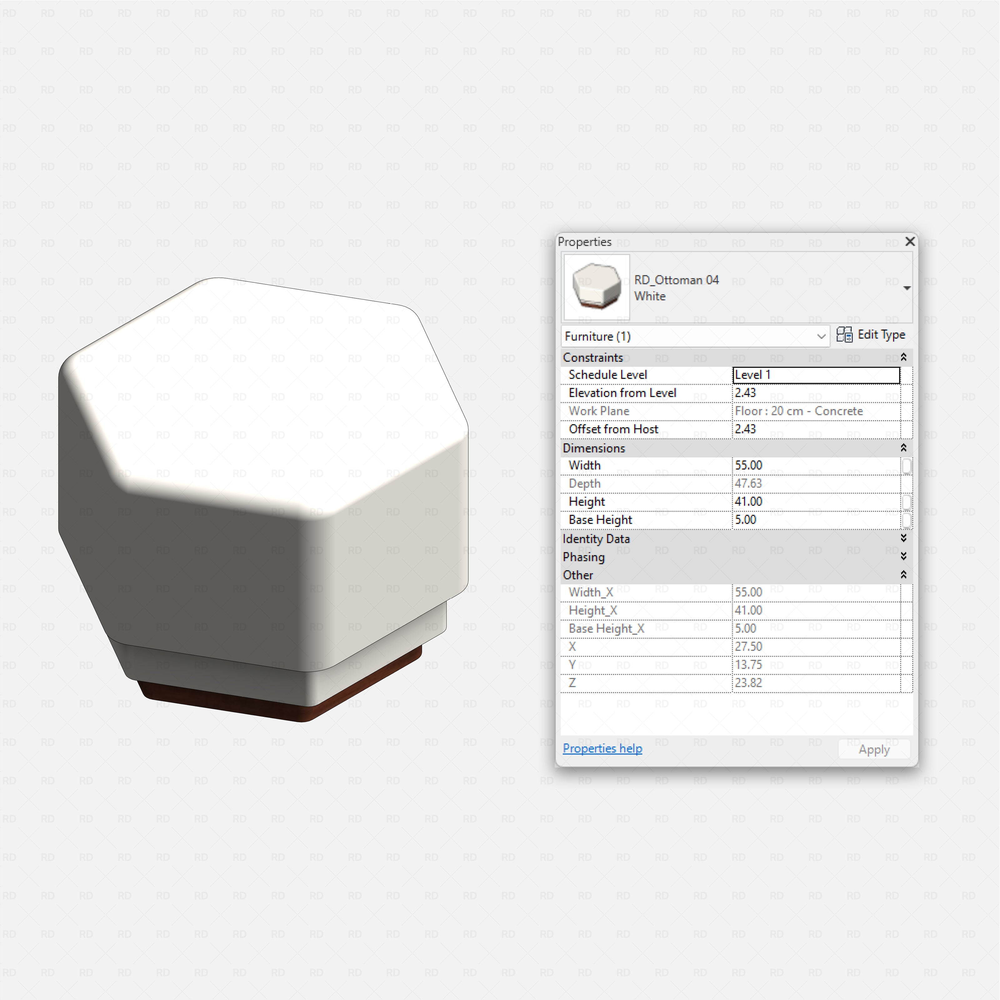 Revit Ottoman 01 RD Studio BIM blocks rfa white hexagonal ottoman on timber base with editable dimensions
