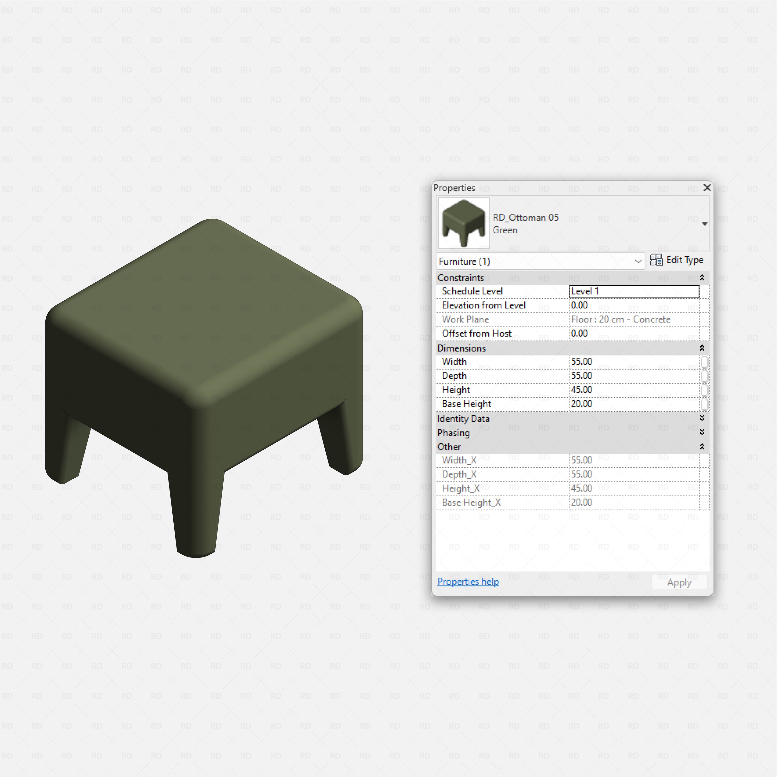 Revit Ottoman 01 RD Studio BIM blocks rfa compact green block ottoman with four legs and Revit parameter dialog