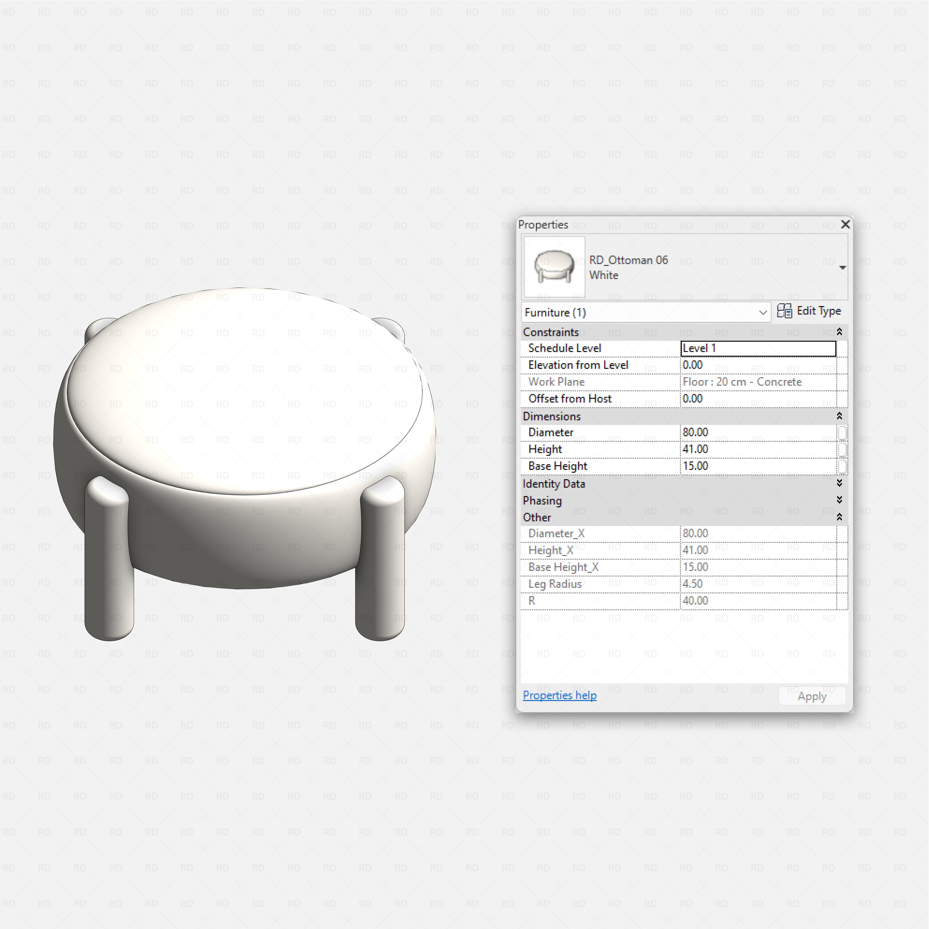 Revit Ottoman 01 RD Studio BIM blocks rfa round white ottoman with four short cylindrical legs front 3D view
