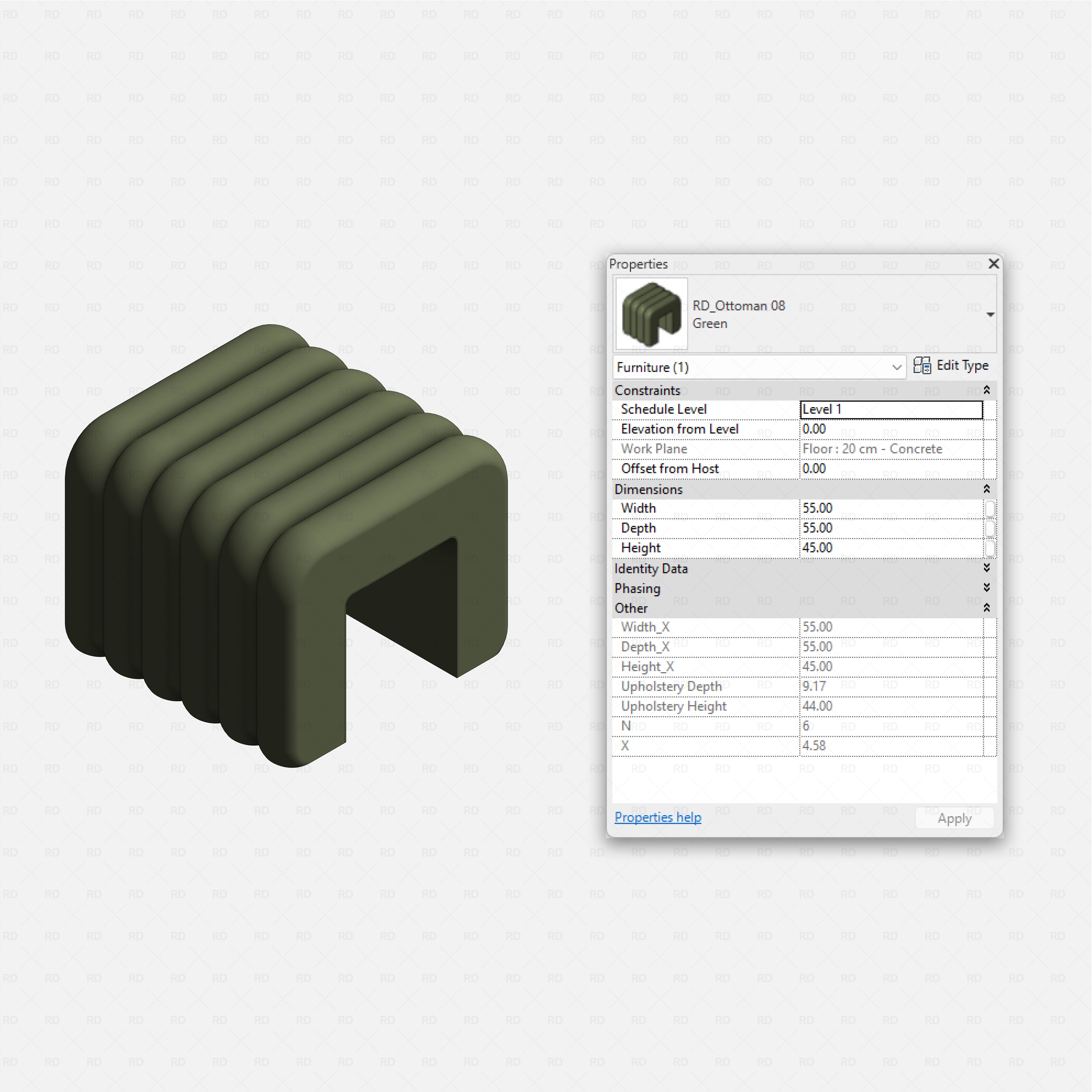 Revit Ottoman 01 RD Studio BIM blocks rfa green stacked rib U shaped bench ottoman with thick padded profile