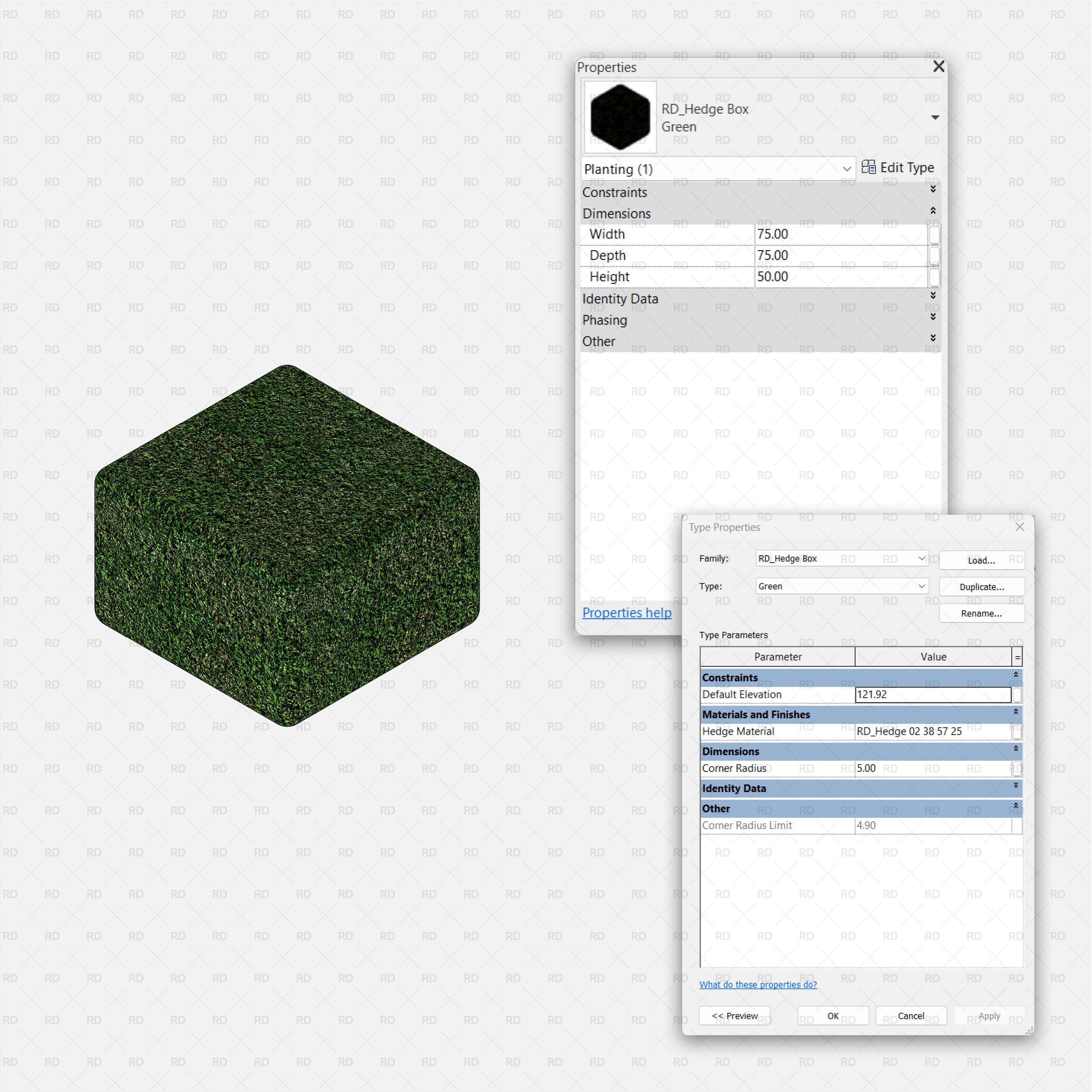 Revit 3D Hedge Shrubs RD Studio BIM Blocks RFA – Box Hedge With Width, Depth, Height And Corner Radius Controls