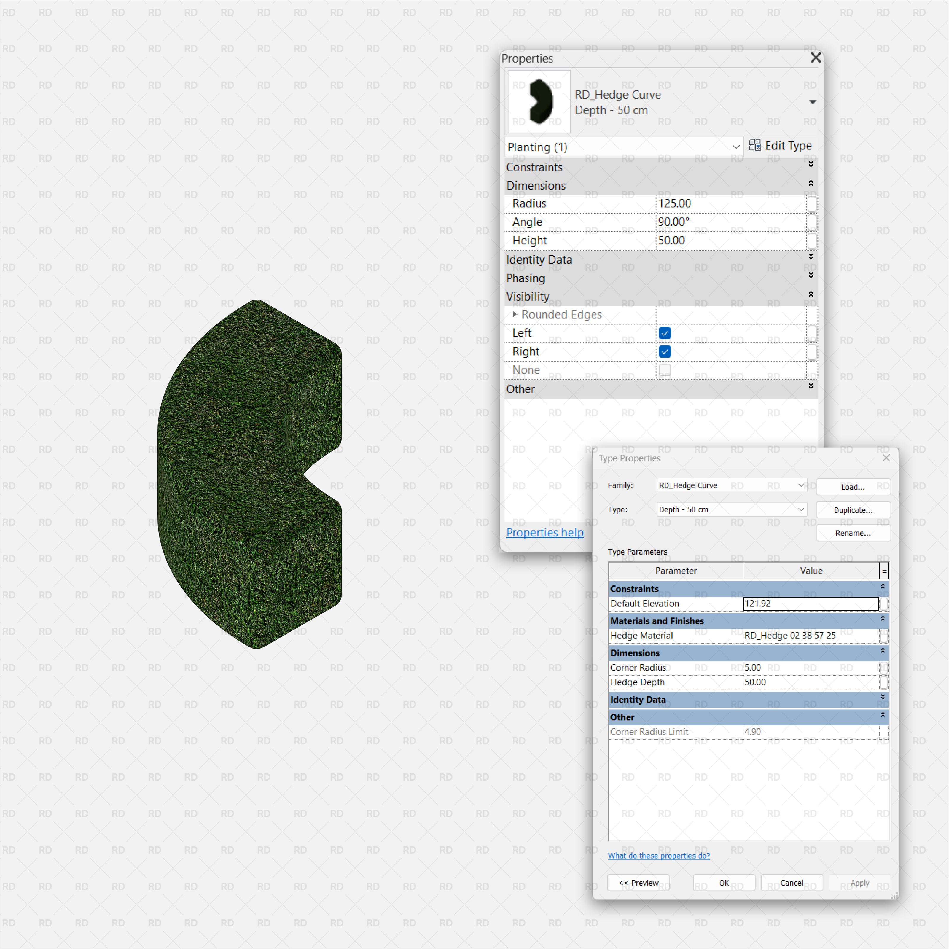 Revit 3D Hedge Shrubs RD Studio BIM Blocks RFA – Curved Hedge Segment With Radius, Angle And Rounded Edge Options