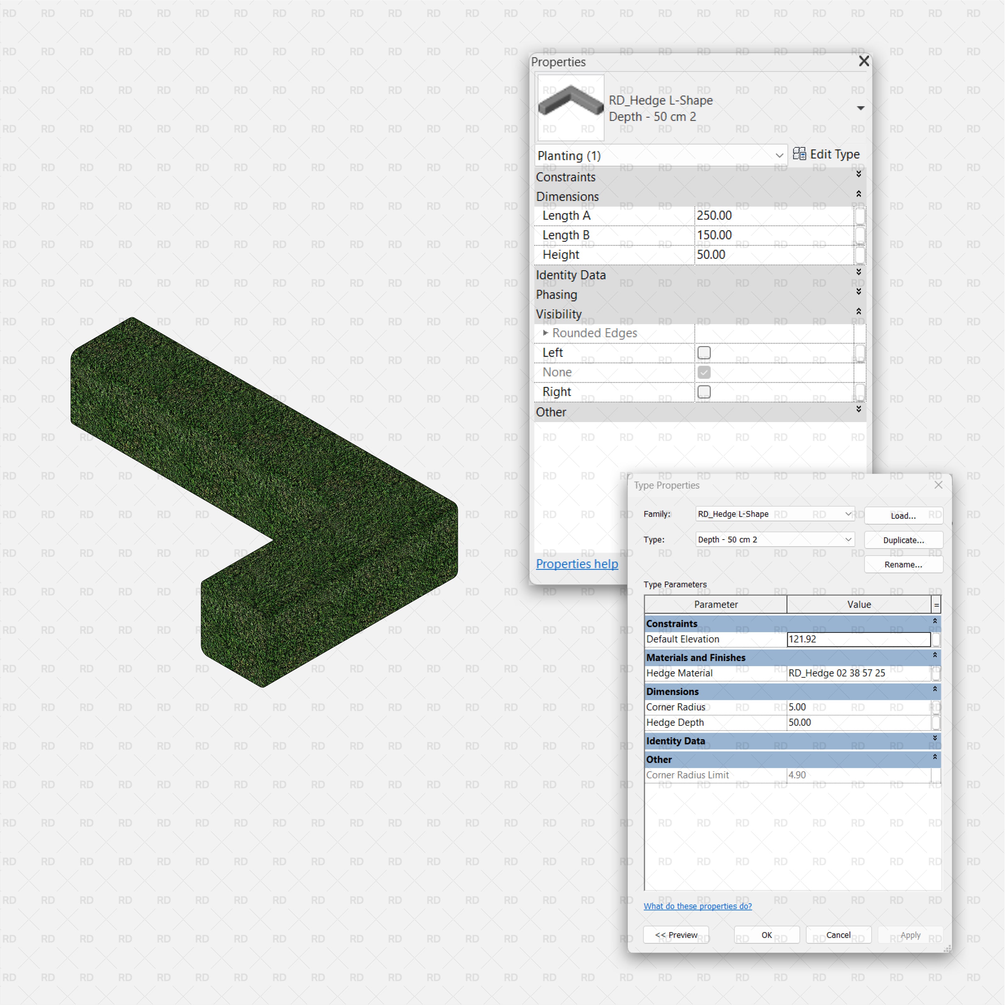 Revit 3D Hedge Shrubs RD Studio BIM Blocks RFA – L-Shape Hedge With Two Length Parameters And Optional Rounded Ends