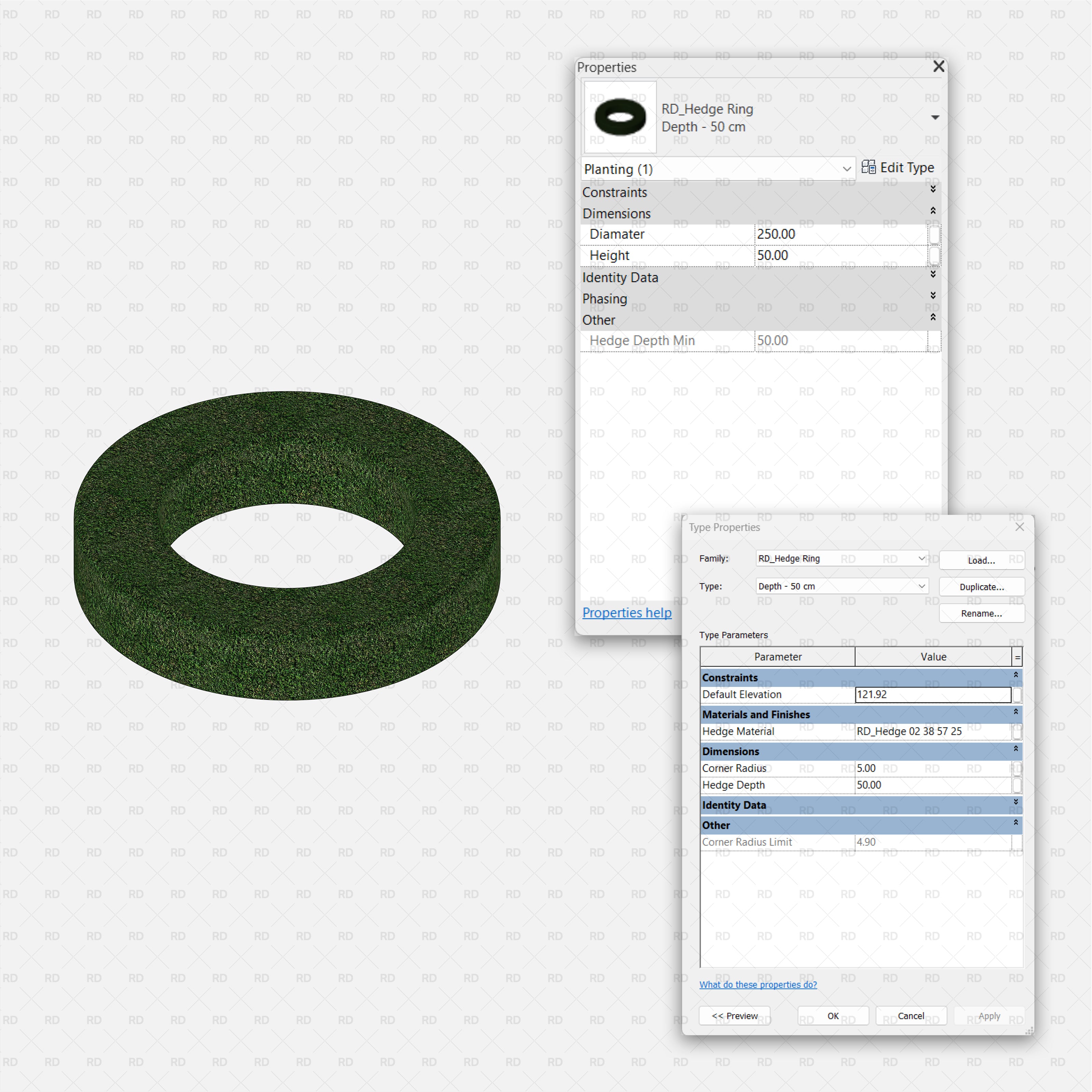Revit 3D Hedge Shrubs RD Studio BIM Blocks RFA – Circular Ring Hedge With Diameter And Depth Parameters
