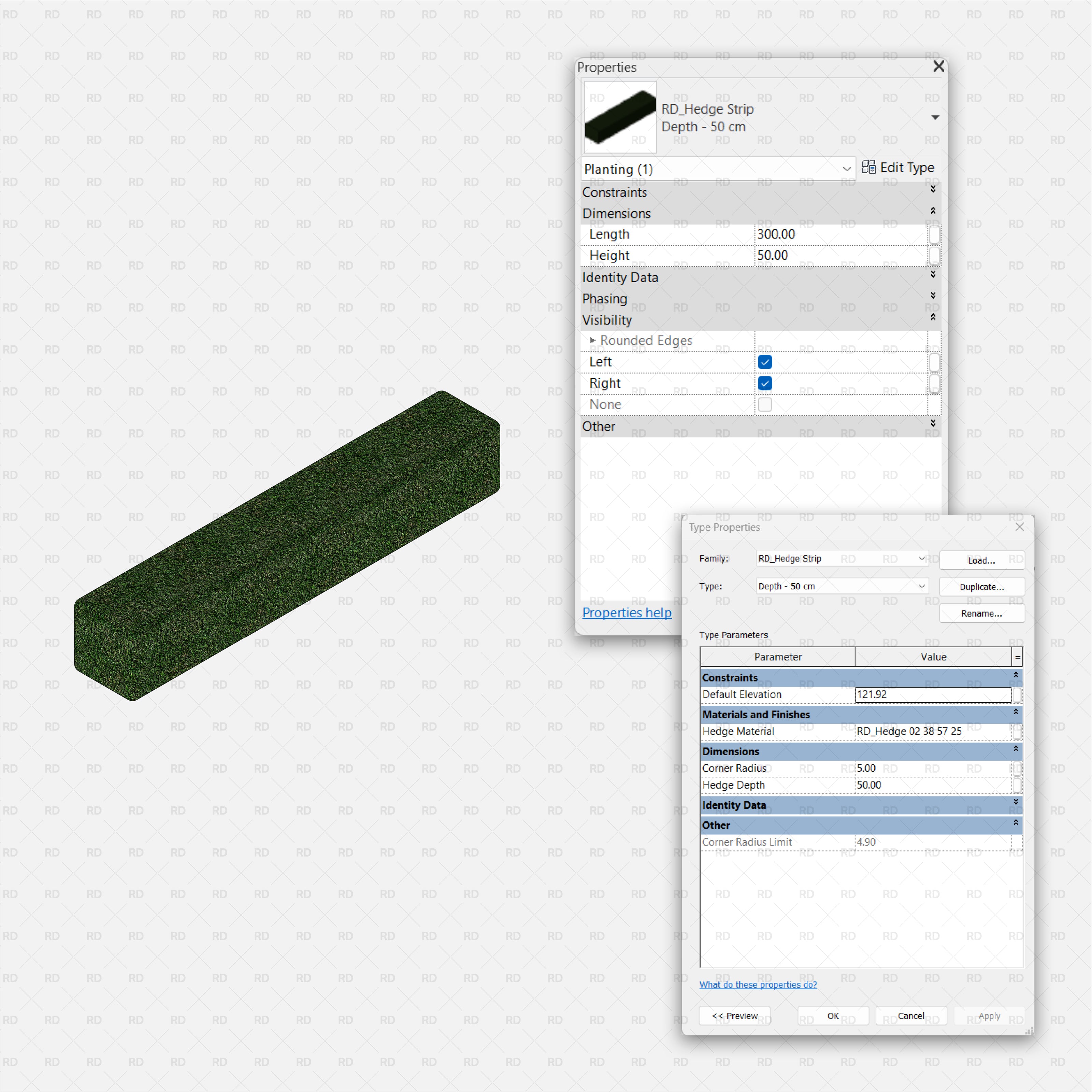 Revit 3D Hedge Shrubs RD Studio BIM Blocks RFA – Linear Hedge Strip With Length, Height And Optional Rounded Ends