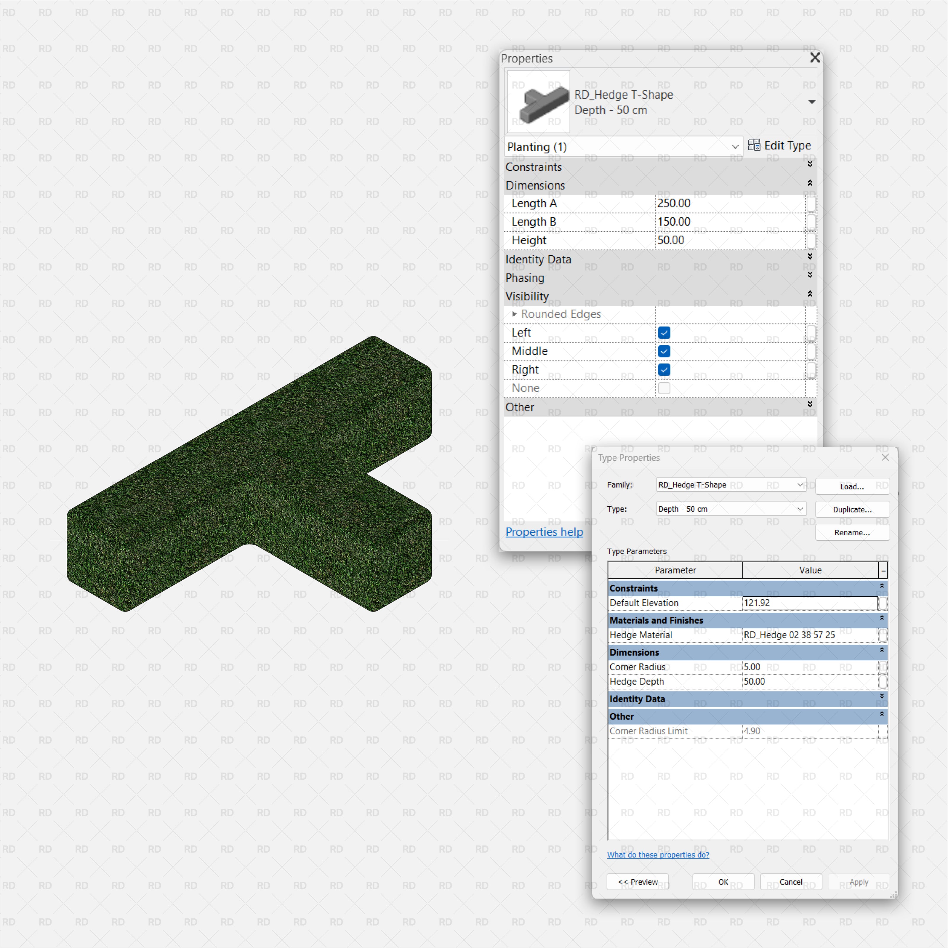 Revit 3D Hedge Shrubs RD Studio BIM Blocks RFA – T-Shape Hedge With Adjustable Arm Lengths And Rounded Edges
