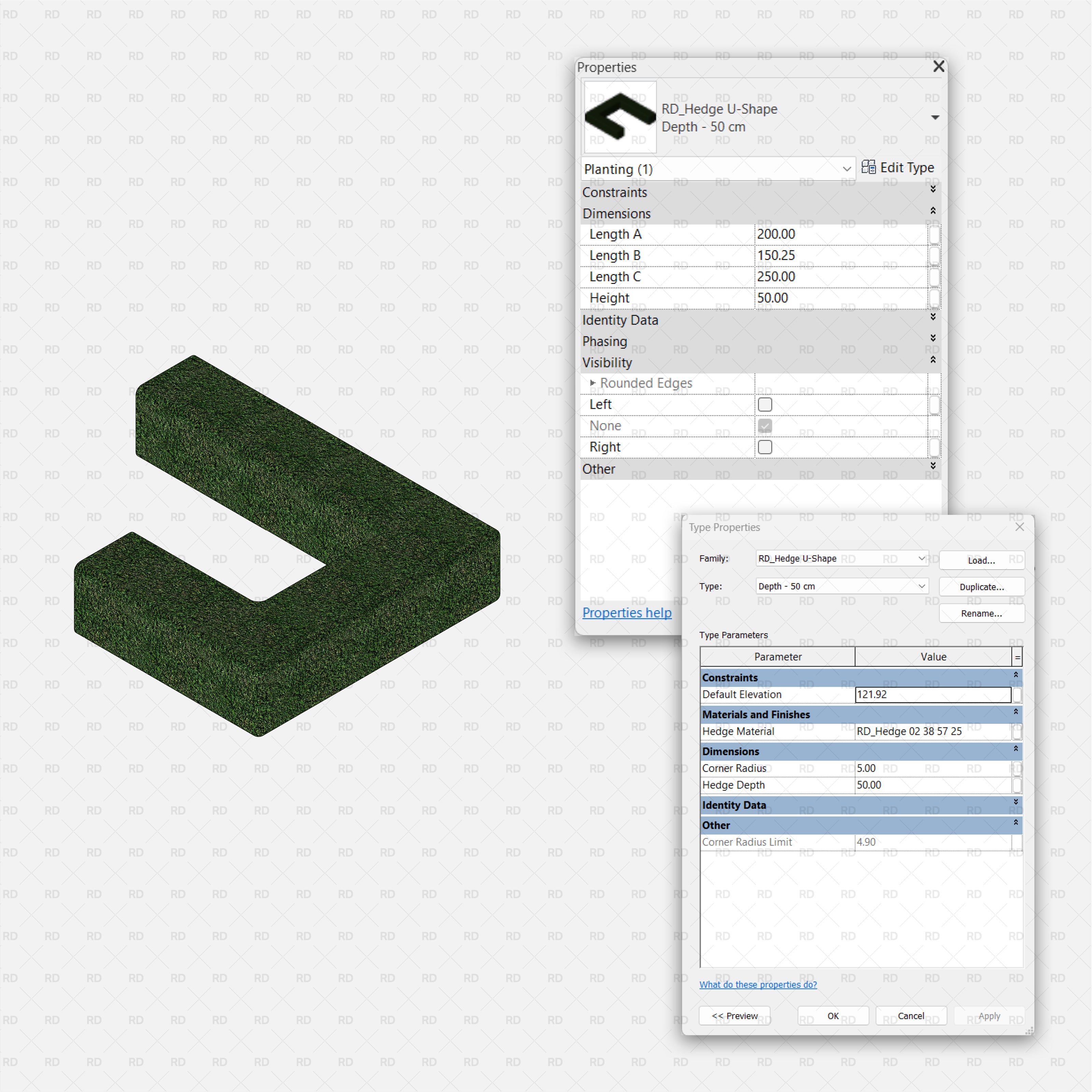 Revit 3D Hedge Shrubs RD Studio BIM Blocks RFA – U-Shape Hedge With Three Length Controls And Edge Radius