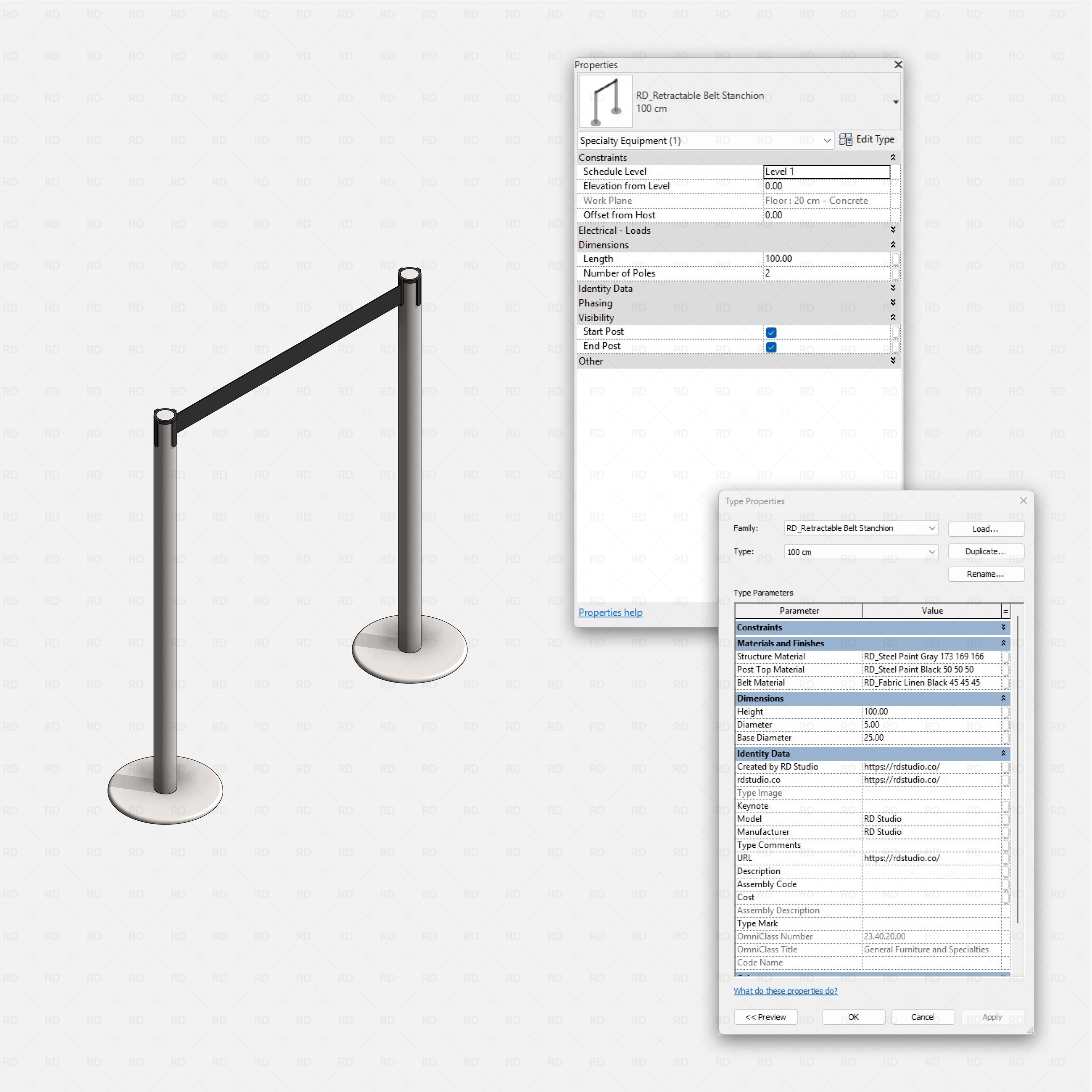 Revit security rails and posts RD Studio BIM blocks rfa retractable belt stanchion
