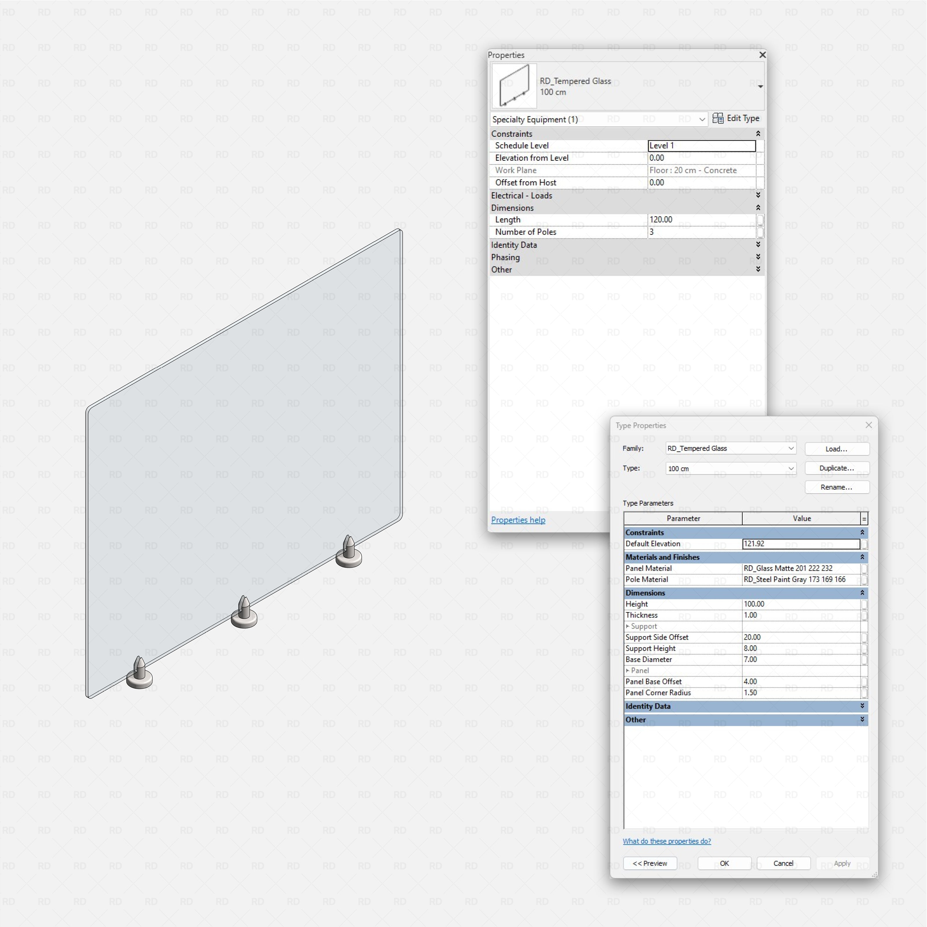 Revit security rails and posts RD Studio BIM blocks rfa tempered glass