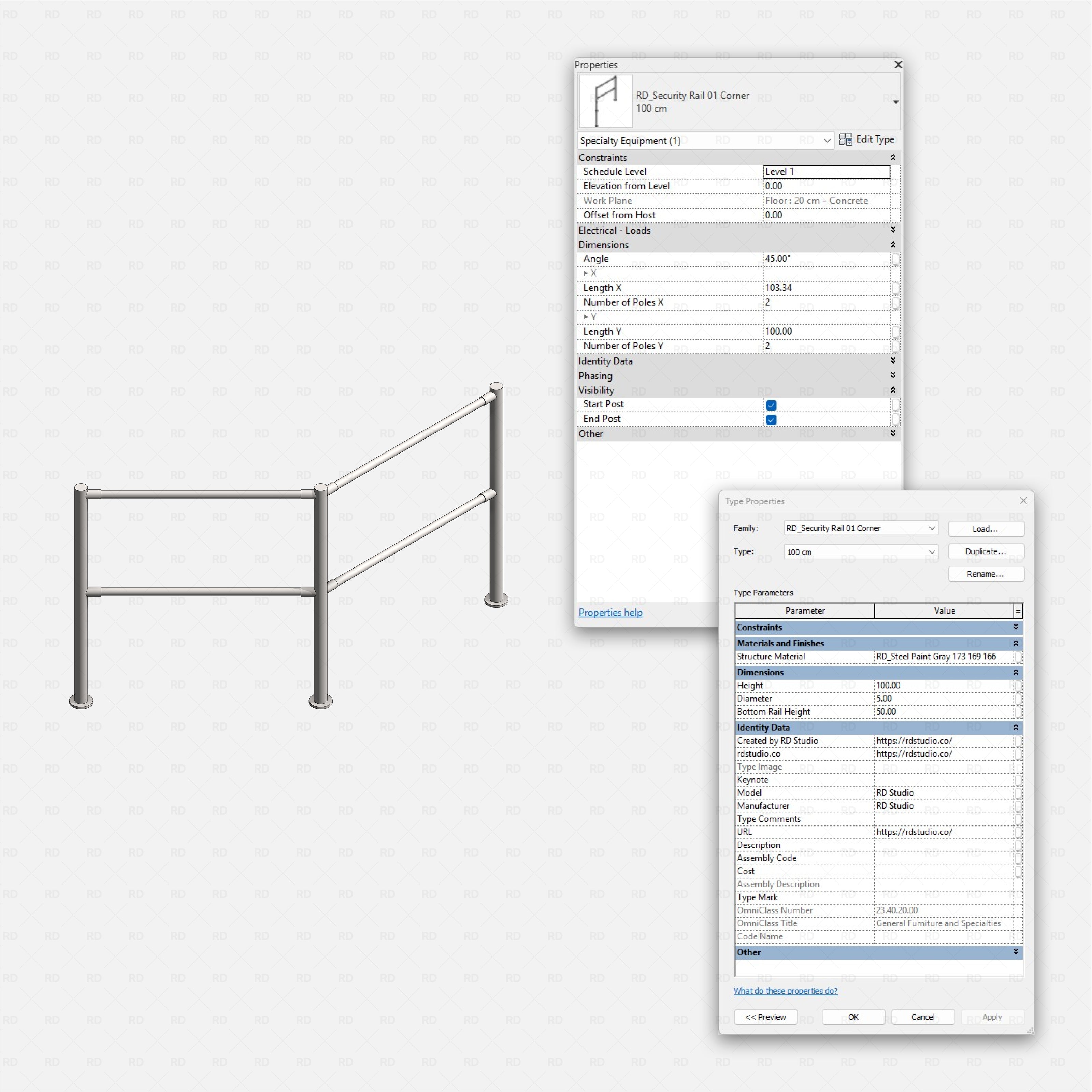 Revit security rails and posts RD Studio BIM blocks rfa 
