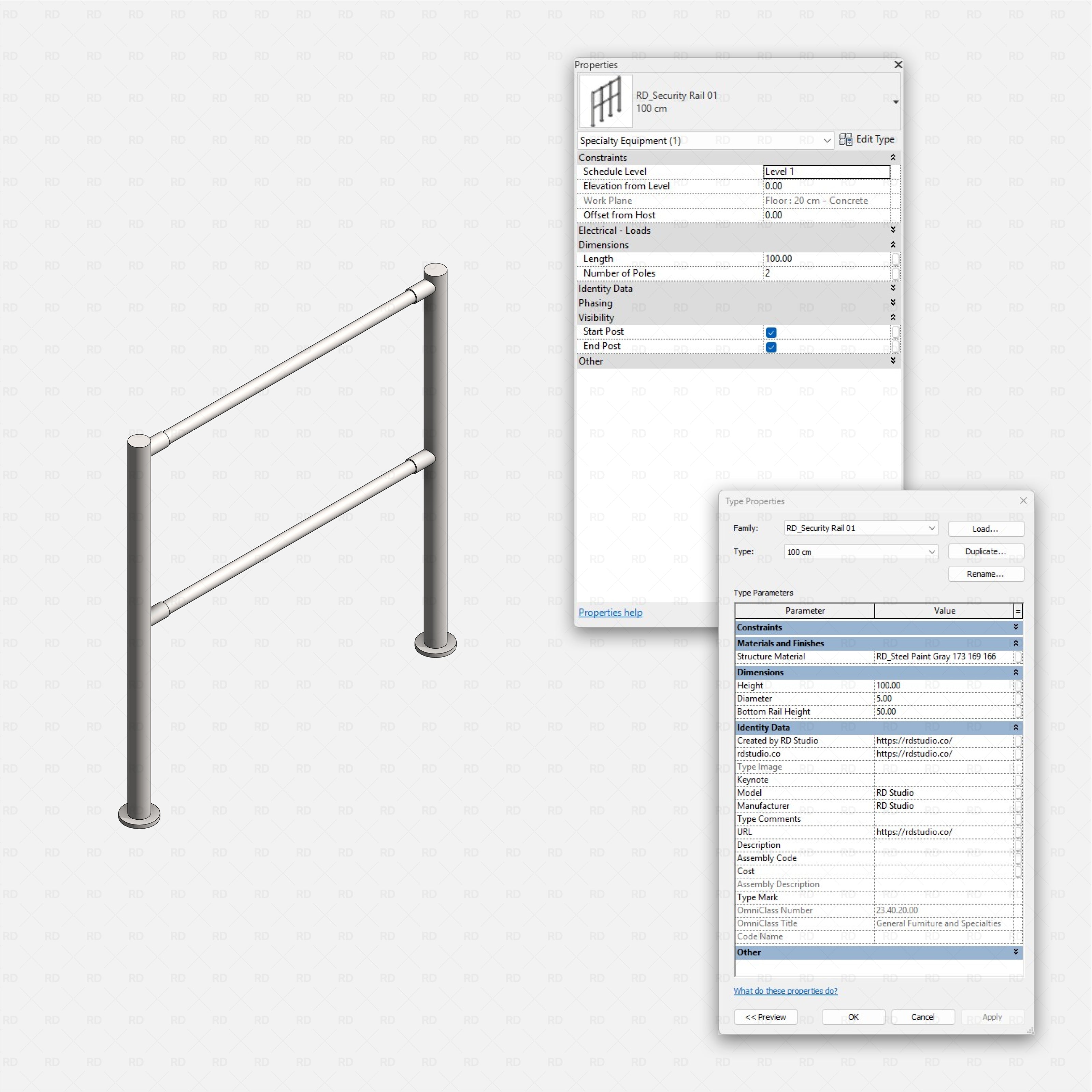 Revit security rails and posts RD Studio BIM blocks rfa security rail