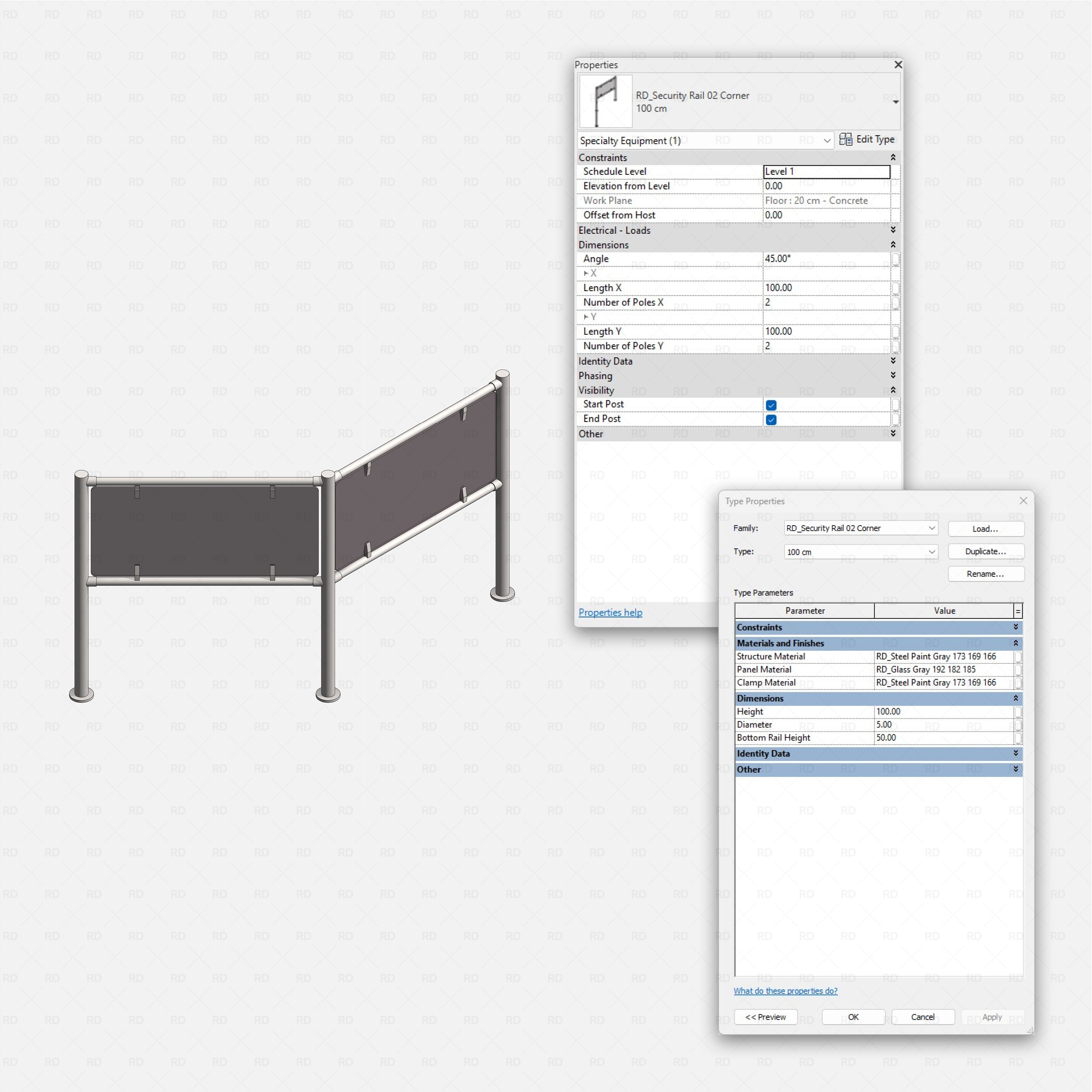 Revit security rails and posts RD Studio BIM blocks rfa corner security rail