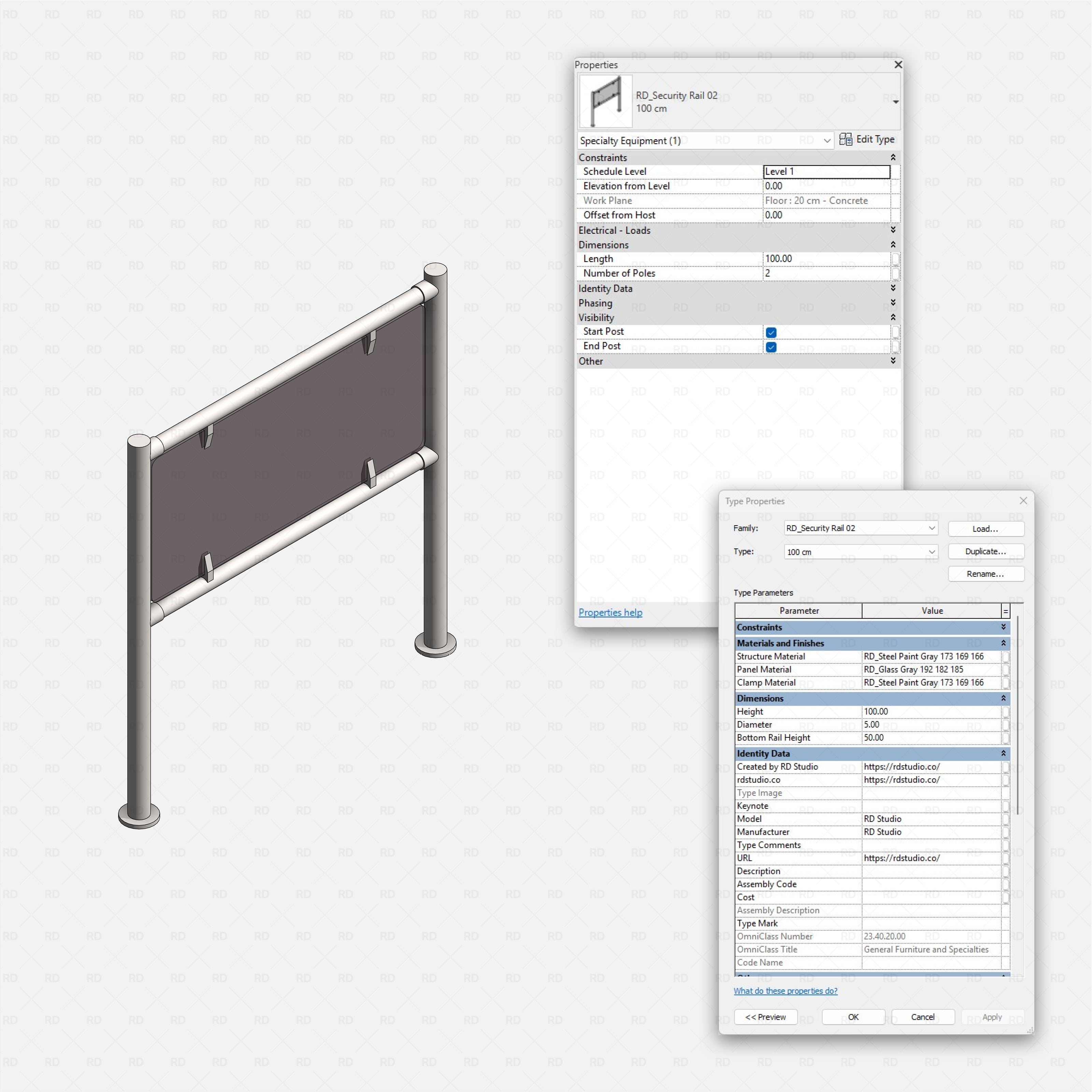 Revit security rails and posts RD Studio BIM blocks rfa 